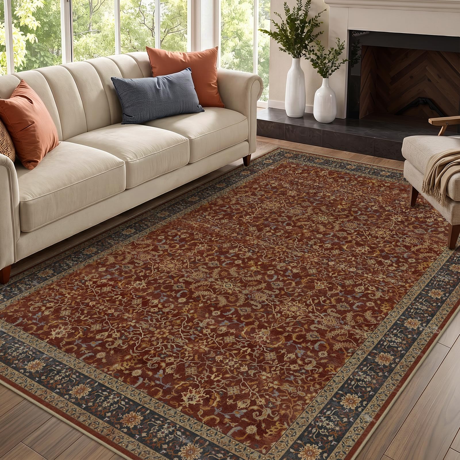 Jainmy 5x8 Washable Area Rugs, Low Pile Thin Print Living Room Bedroom Rug Non Slip, Vintage Maximalist Carpet Rugs for Dining Room Home Office Old Money Aesthetic, Deep Burnt Orange