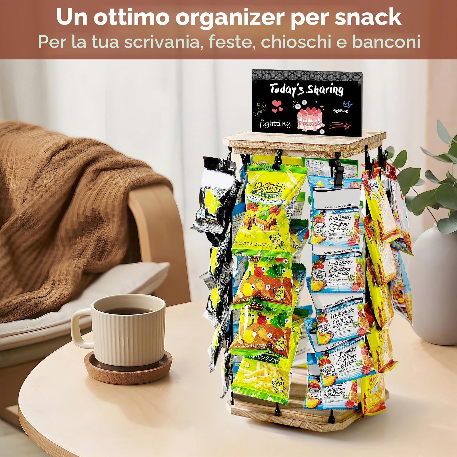 Pinzoveco Espositore per patatine, 5 ripiani, 40 clip, organizer per snack per scrivania da ufficio, base in legno rotante a 360°, espositore per caramelle, per banco di lavoro, feste, con bacheca per