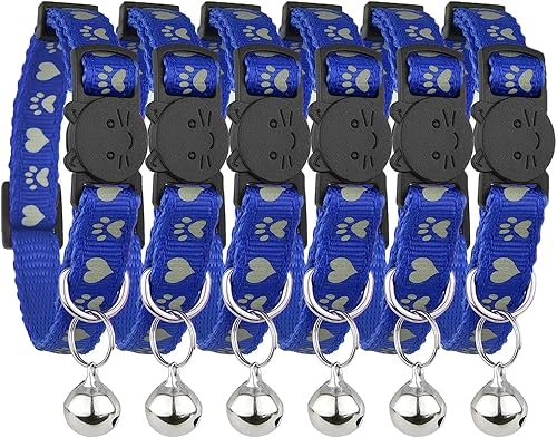Collar reflectante para gato con campana, juego de 6, collares sólidos y seguros para gatos, nailon, colores mezclados, collar para mascotas, collar