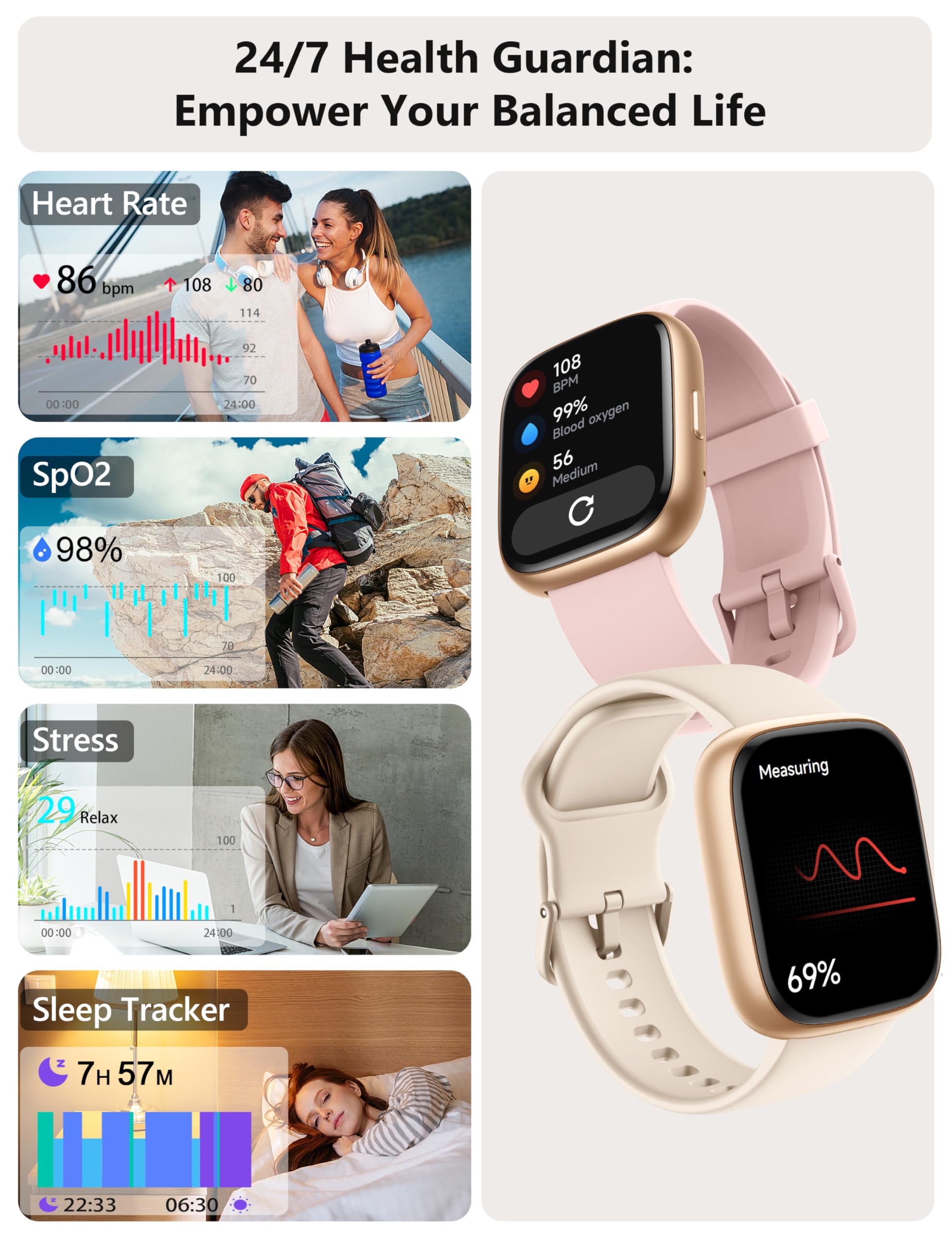 Smart Watch for Women Men Android & iPhone [2 Bands, 44mm case], Alexa Built-in, 1.83'' Smartwatch Make/Answer Call, HR SpO2 Sleep Stress Monitor Fitness Tracker, IP68 Waterproof Step Counter Watch