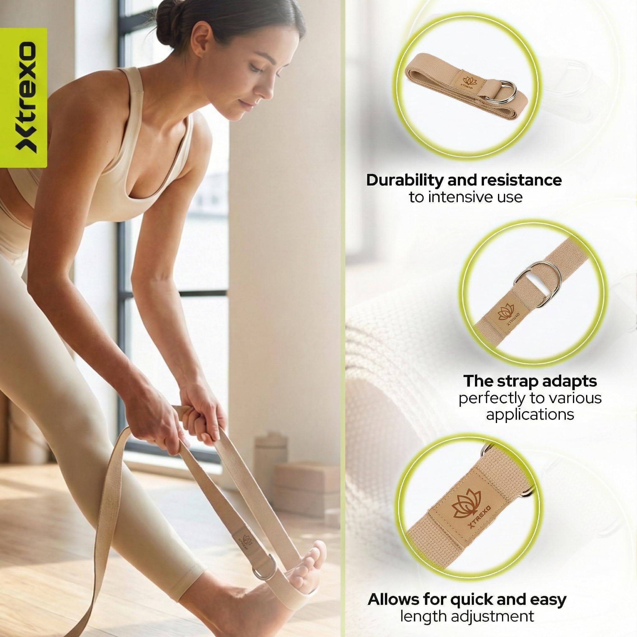 TREXO Sangle de yoga 183 x 3,8 cm - Boucle en forme de D - Réglage facile de la longueur pour différents asanas - Convient à différentes préférences - Accessoire idéal pour tout le monde