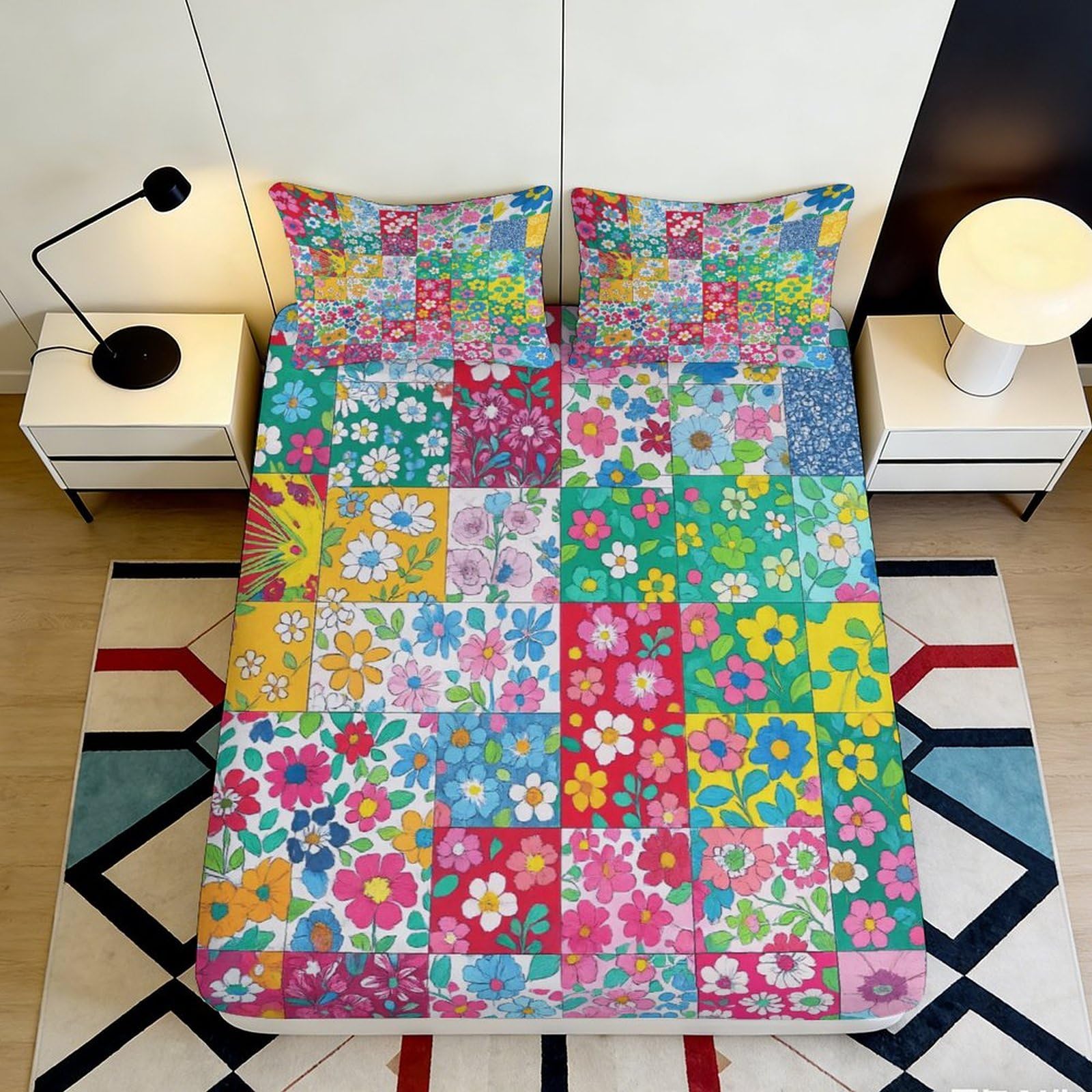 3D Printed Colorful Patchwork Floral Fitted Sheet Microfiber Soft Anti-Slip Decor Mattress Cover for Bedroom Guestroom 90x200x25cm