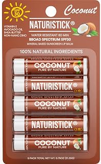 Naturistick SPF 30 Vegan Lip Balm – Mineral Sunscreen with Zinc Oxide | Broad Spectrum UVA/UVB Protection | 100% Natural, Coral-Friendly Formula | Oxybenzone Free | 5-Pack Coconut | Made in USA