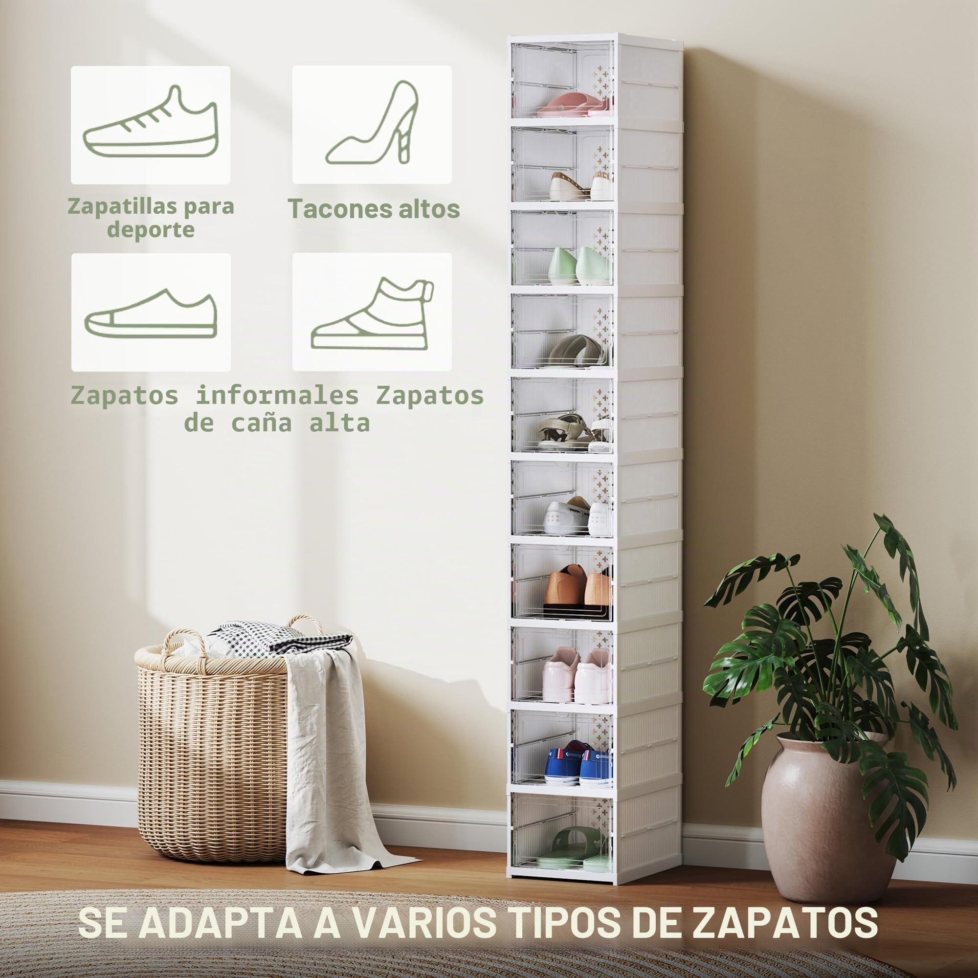 HOMCOM 10 Pack Organizador Zapatos Pleg. Plást. Talla 10 US Blanco | Sin montaje, caja apilable para zapatos, puerta transparente, ahorra espacio
