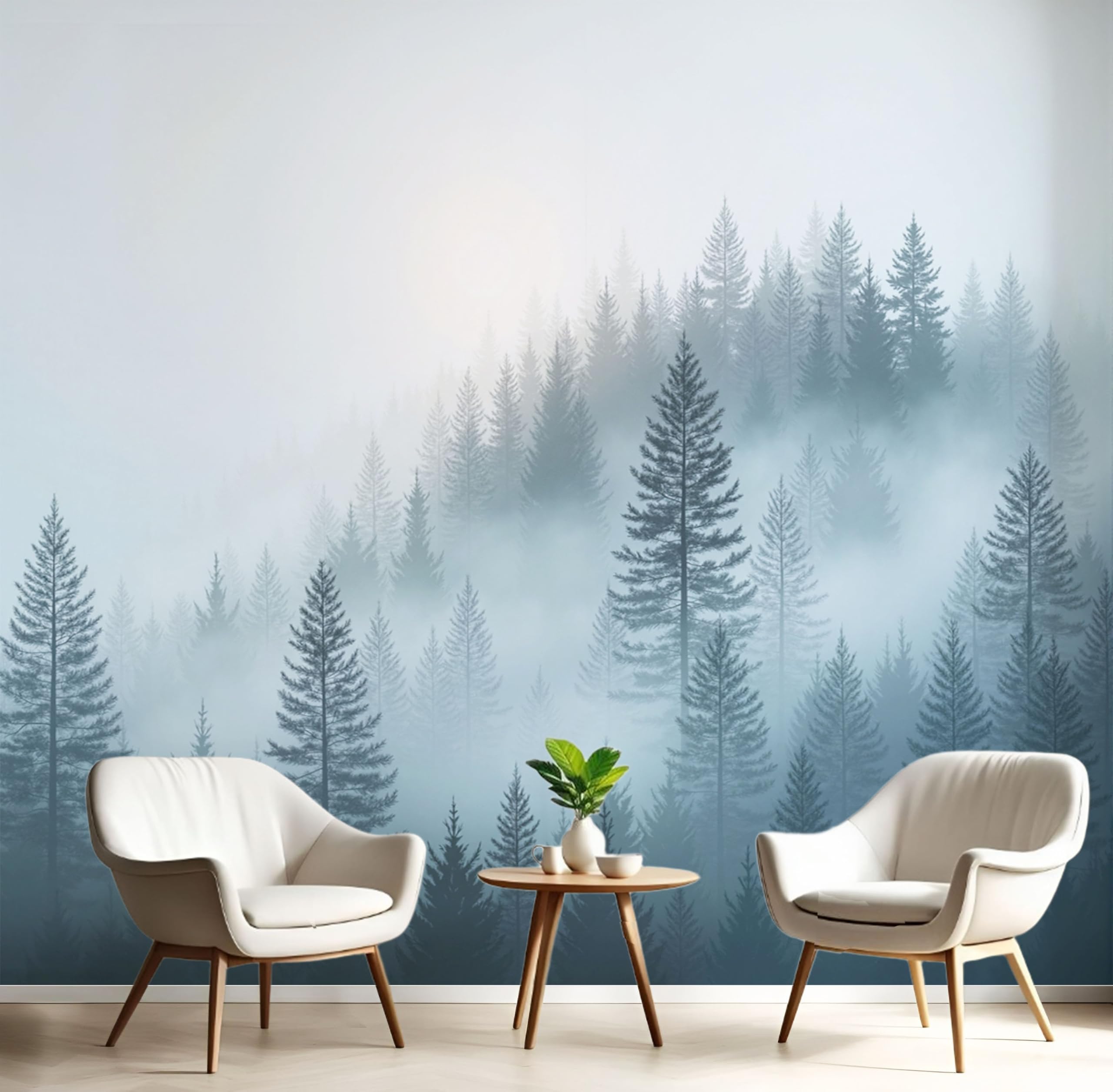 Papier peint panoramique forêt de conifères gris-bleu 250x175cm pour salon