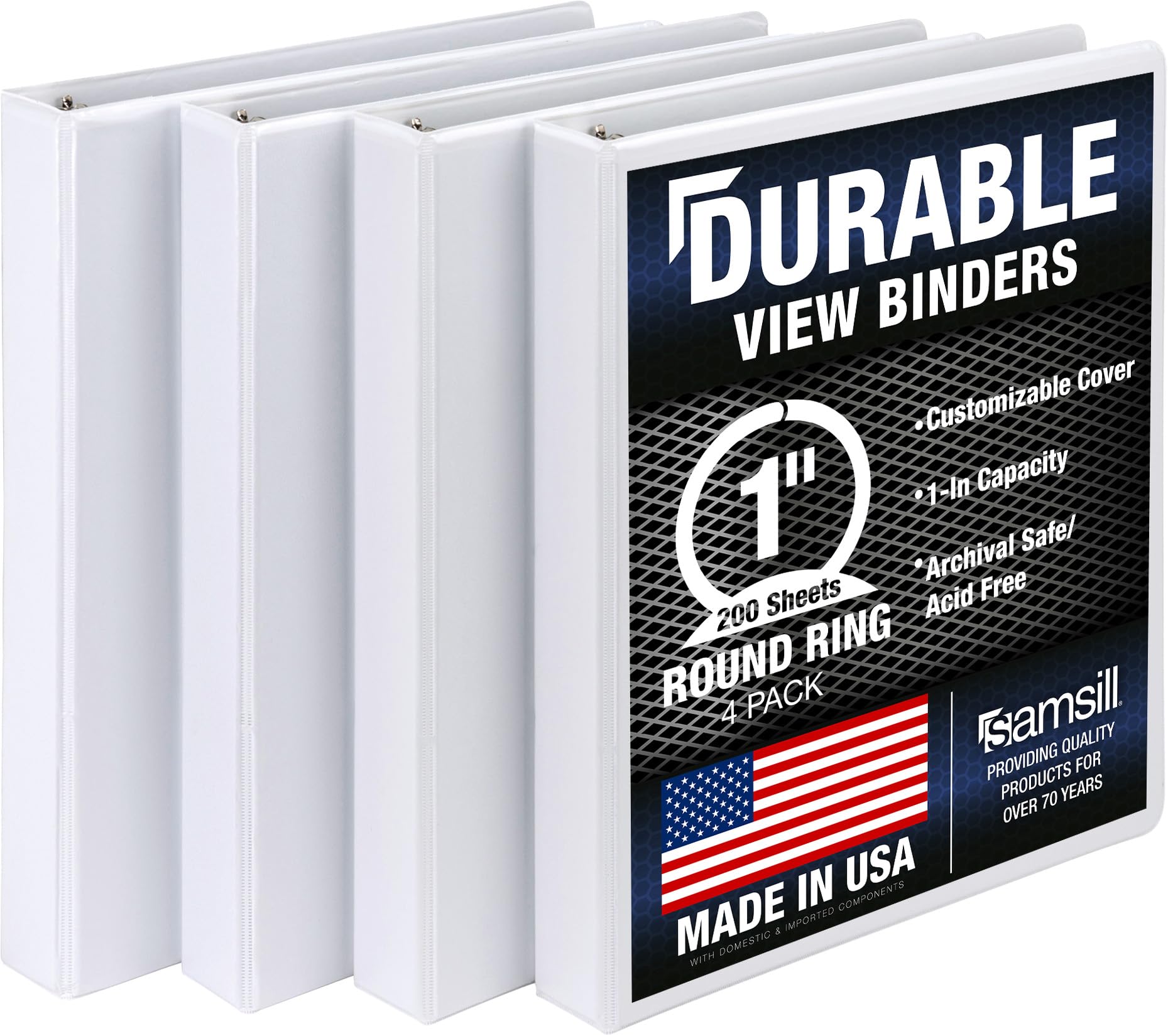 Samsill durable 3 Bague View Binders, 2,5 cm Round Ring – Capacité de 225 Feuilles, sans PVC/antiadhésif personnalisable Coque, Blanc, Lot de 4