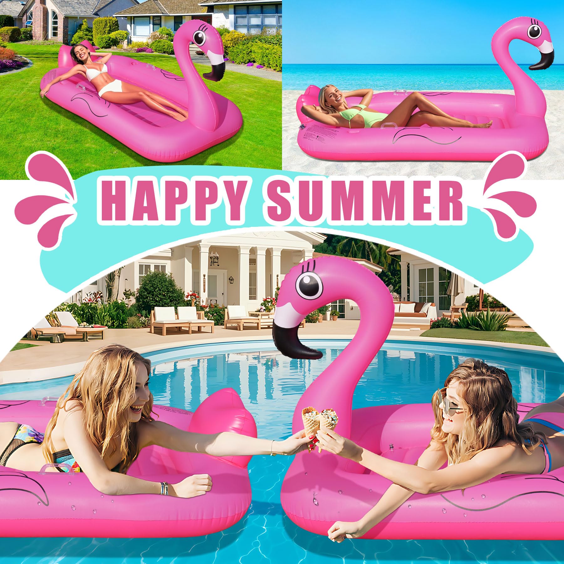 DeeprBling Colchoneta Piscina Adultos, Flotador Flamenco Hinchable Gigante con Soportes para Vasos y Teléfono, Colchoneta Playa Hinchable con Asas, Engrosada Colchoneta Hinchable Piscina de Bronceado