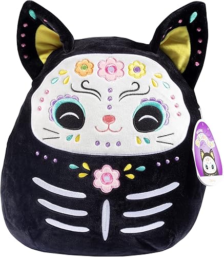 Squishmallows Zelina The Day of the Dead Cat de 12 pulgadas, gatito negro de felpa suave con diseño de calavera de azúcar, almohada coleccionable de