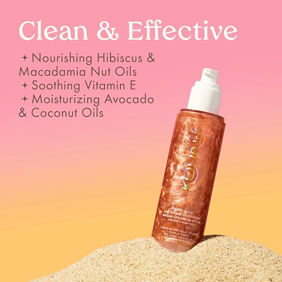 Kopari Sun Shield Body Glow Broad Spectrum SPF 45 in Rose Gold & Golden Sunglaze Sheer Body Mist Sunscreen SPF 50