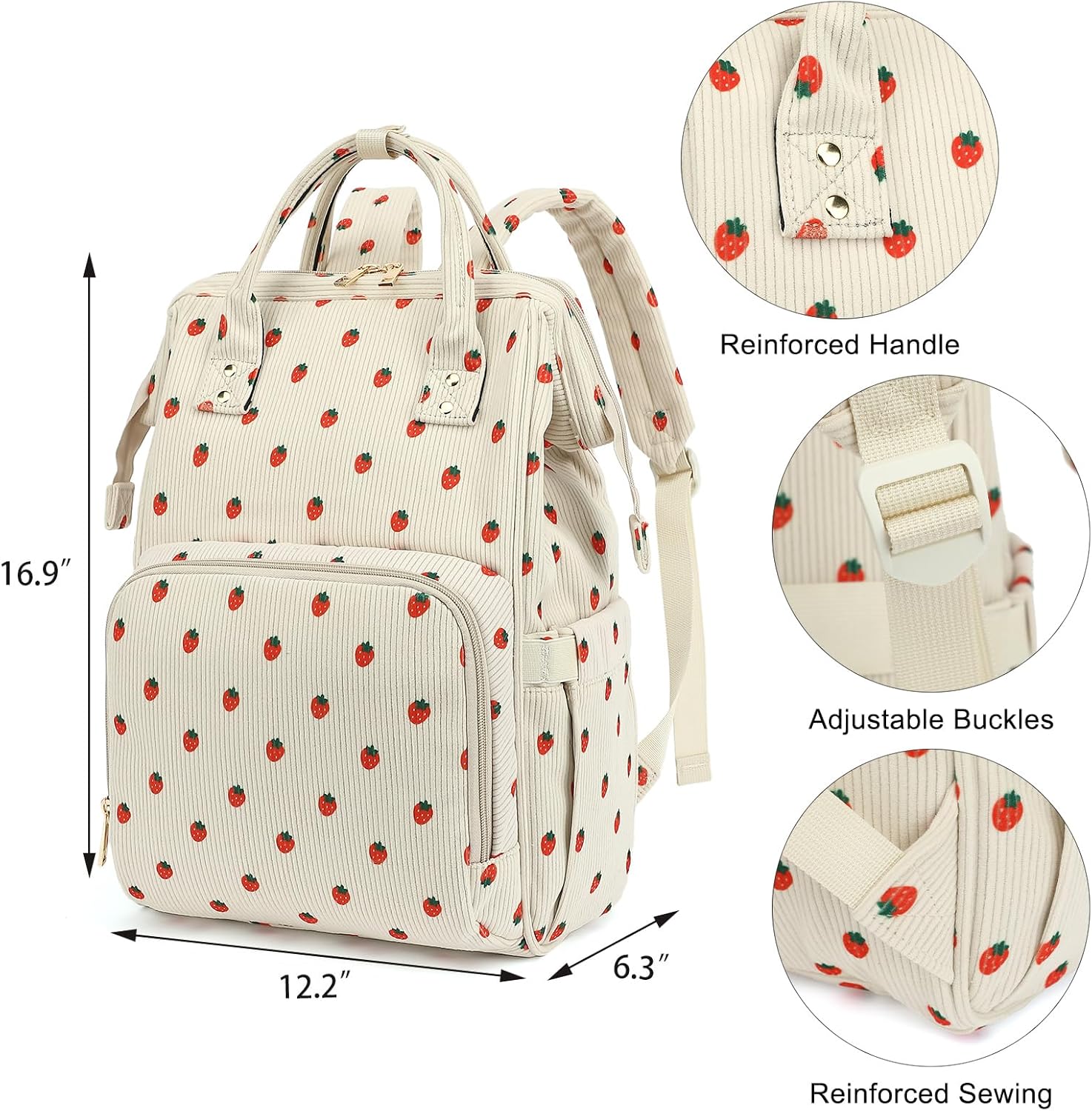College Laptop Backpack, Travel Backpack for Women, Corduroy Casual Daypack, School Backpack Bookbag for Girls (Beige Corduroy Strawberry)