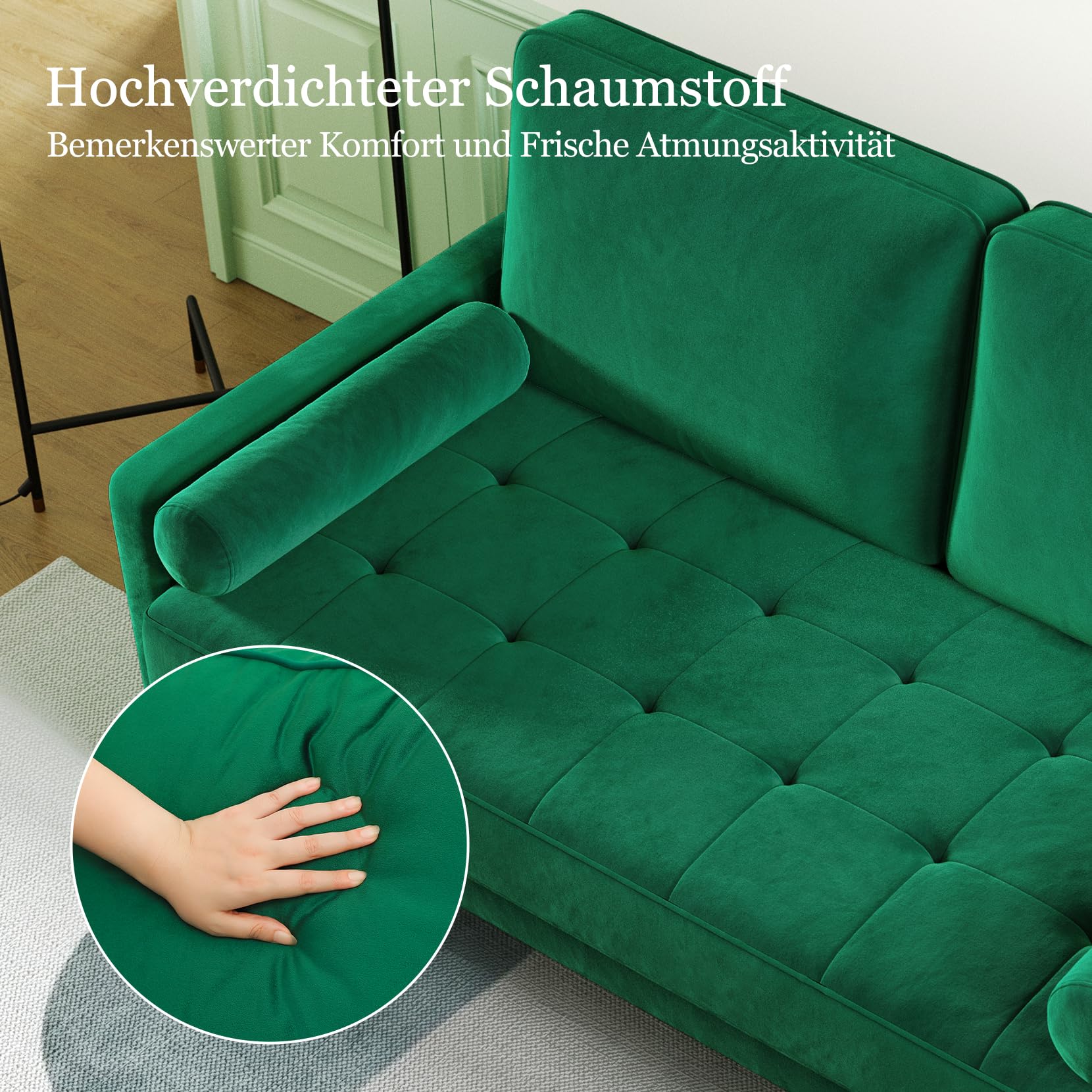 Vesgantti Couch 2 Sitzer, Samt Kleines Sofa mit 2 Wurfkissen, Modern Mini Sofa, Getuftetes Kleine Couch für Wohnzimmer/Schlafzimmer/Büro/Wohnung, 121x 77 x 87cm, Grün