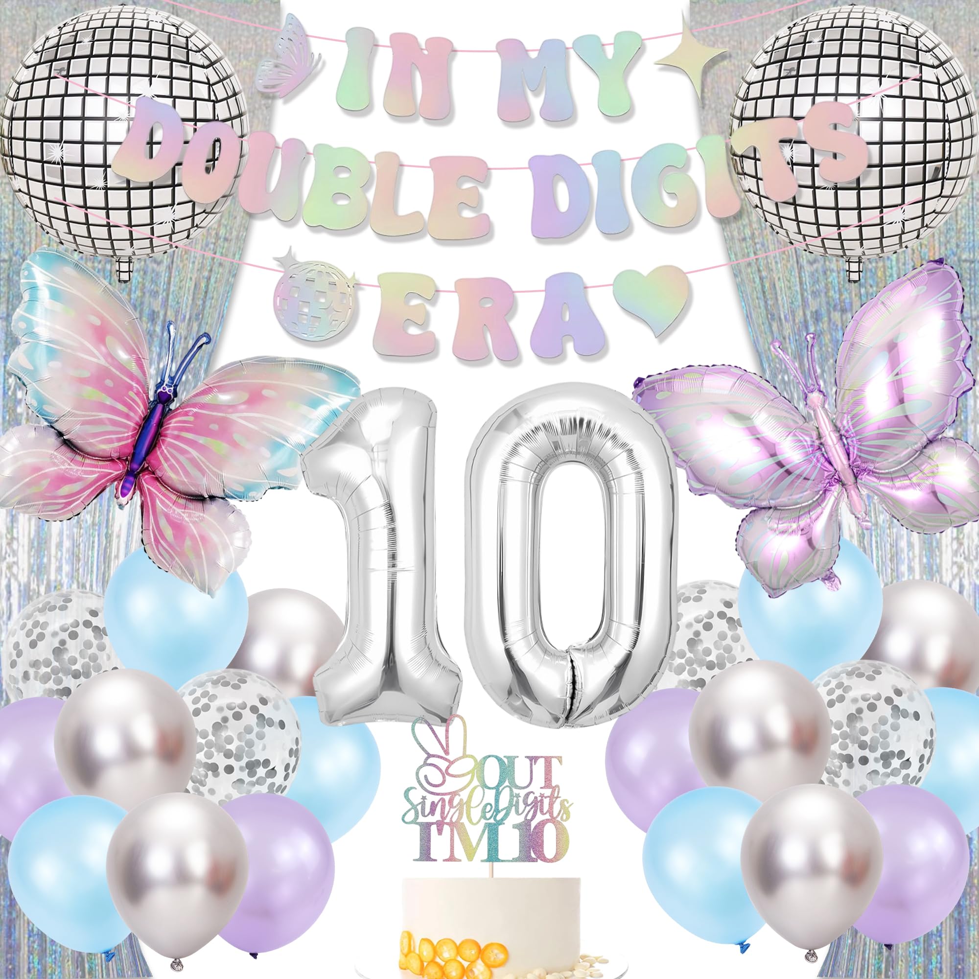 10th Birthday Party Decorations Girls - 29 PC Colorful IN MY DOUBLE DIGITS ERA Banner Disco Ball Butterfly Foil Ballons Curtain Cake Topper for Her 10 Years Old Girl Happy Bday Supplies