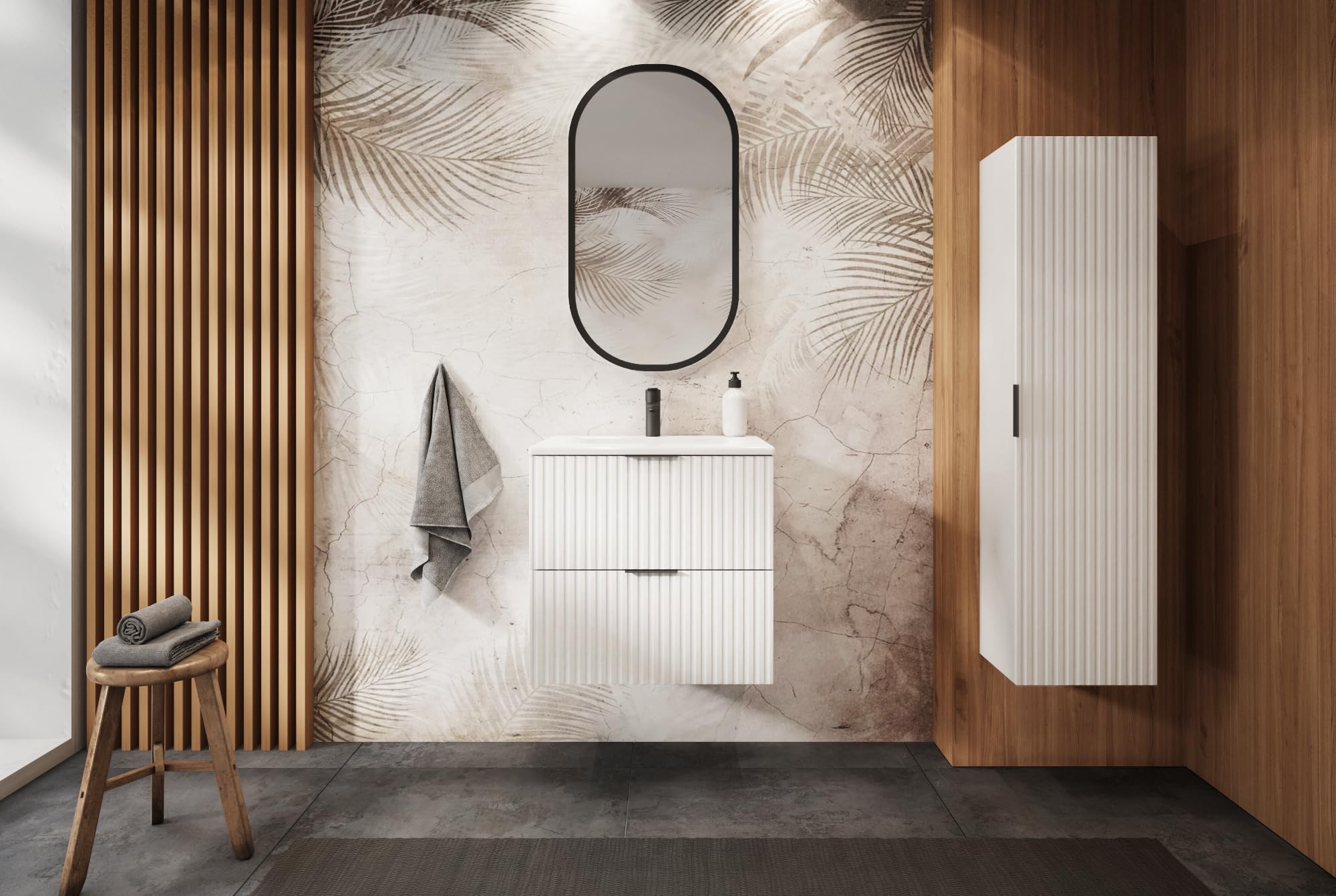 3E 3xE living.com Asta da bagno, bianca con maniglia nera, 35 x 136 x 27 cm