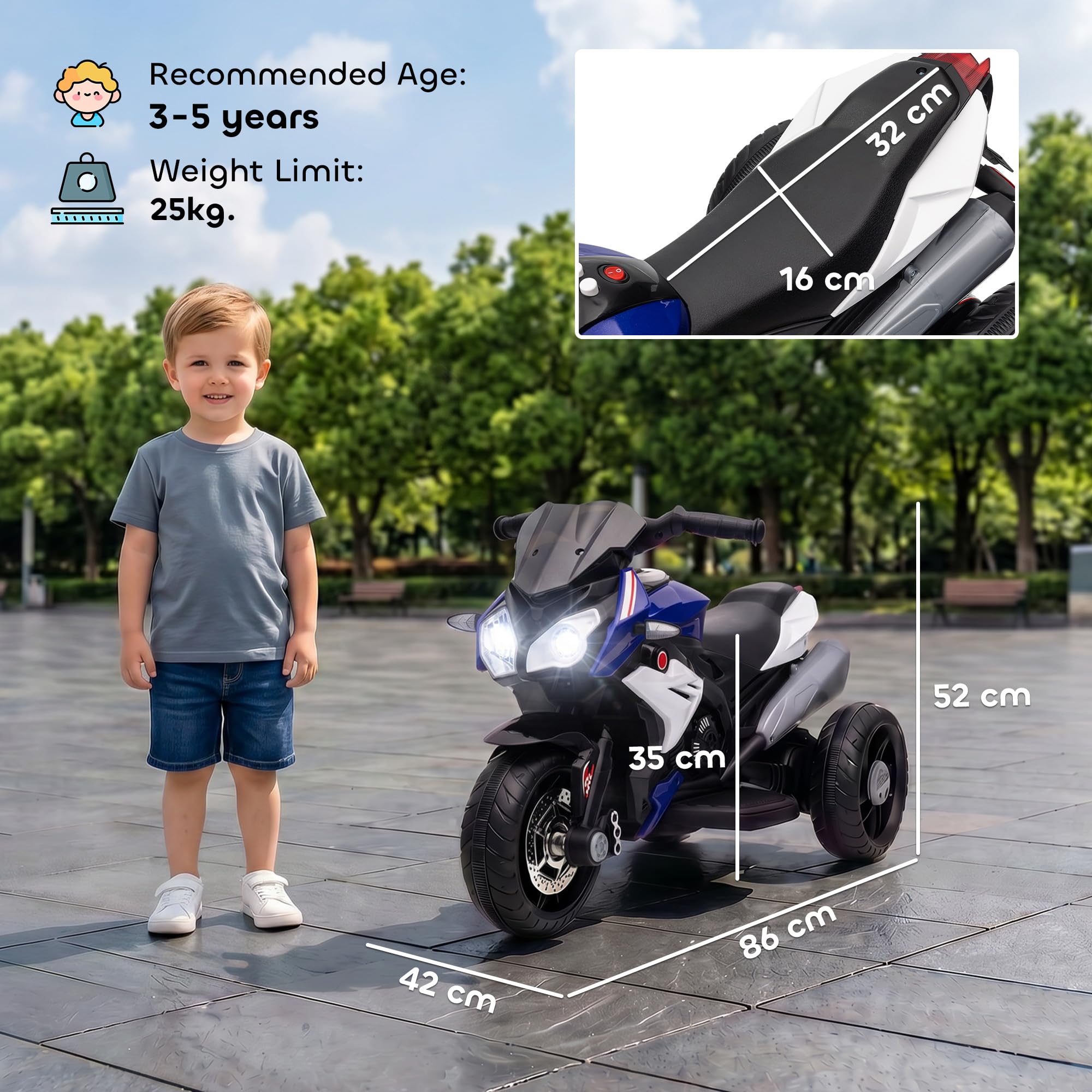 HOMCOM Elektryczny motocykl dziecięcy z muzyką 3-5 lat 3 km/h nieb+biał | Reflektor, elektryczny motocykl, motocykl dla dzieci, maks. 25 kg