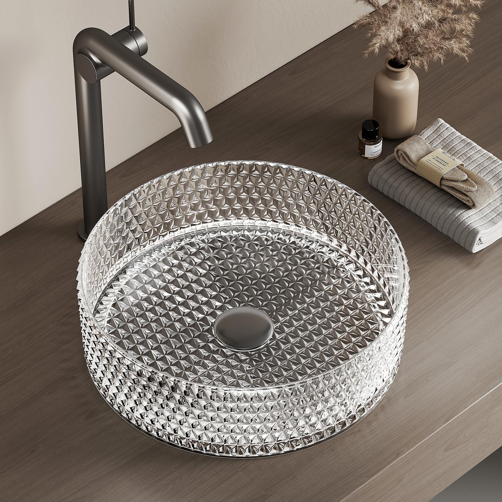 EMKE Lavabo de cristal redondo, 360 x 360 x 112 mm, cristal de plomo templado, sin agujero para grifo, transparente