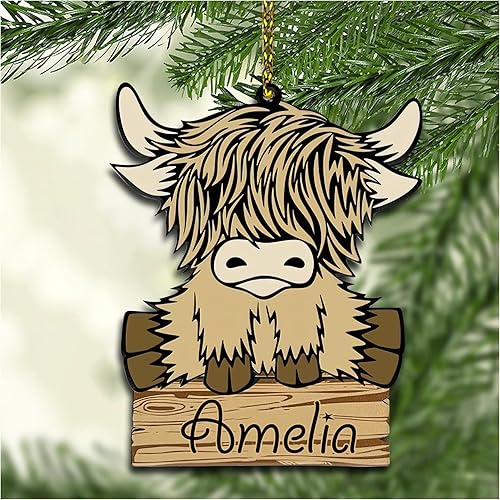 Hyturtle Adorno de Navidad personalizado de vaca de las tierras altas para los amantes de las vacas, adorno de madera de Navidad de vaca de las