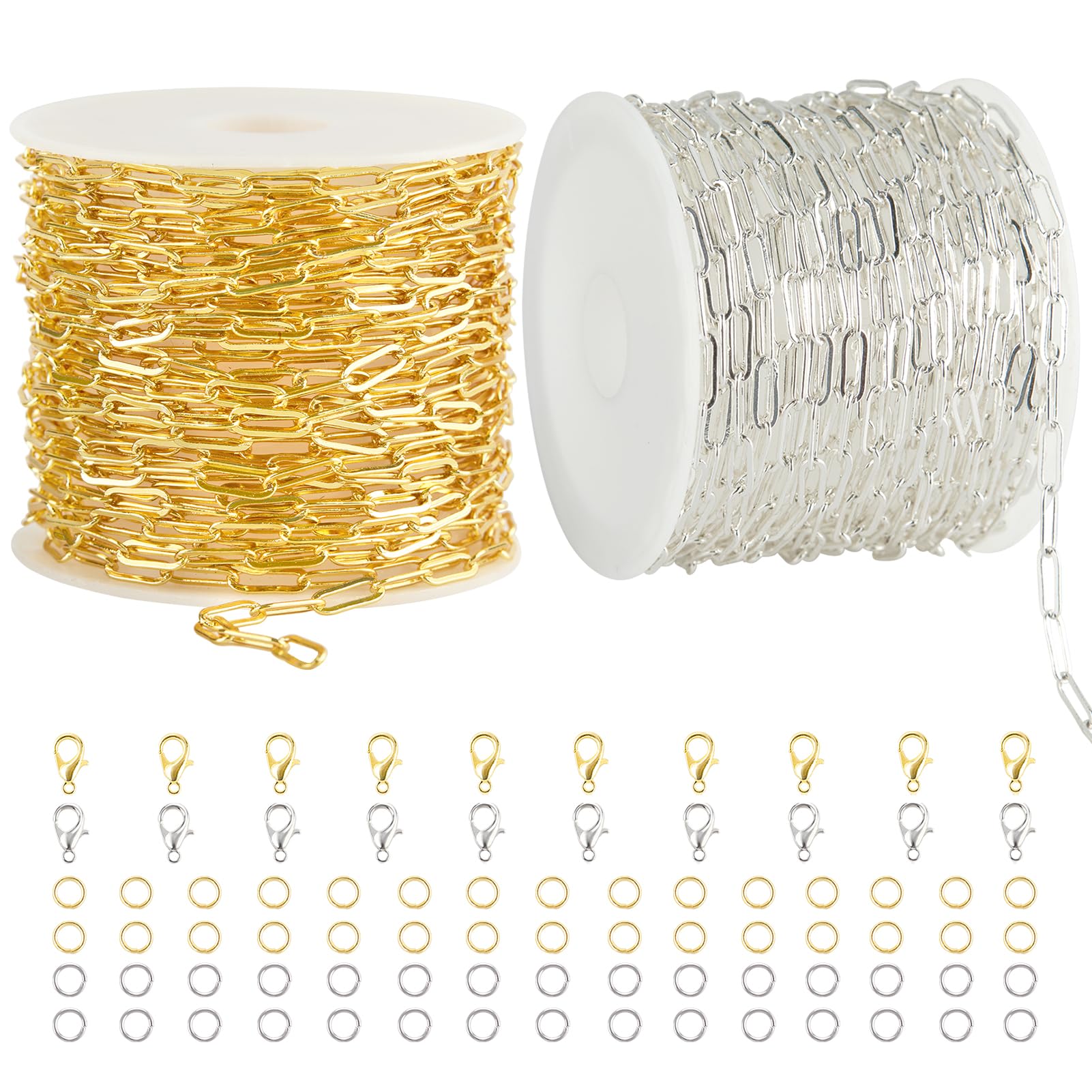 Kyutong 2 Rolls Paperclip Chain for Jewelry Making 32.8 Feet Jewelry Chain Links Silver and Gold Chains Bulk with Lobster Clasps and Jump Rings for DIY Craft Finding Jewelry Making Supplies