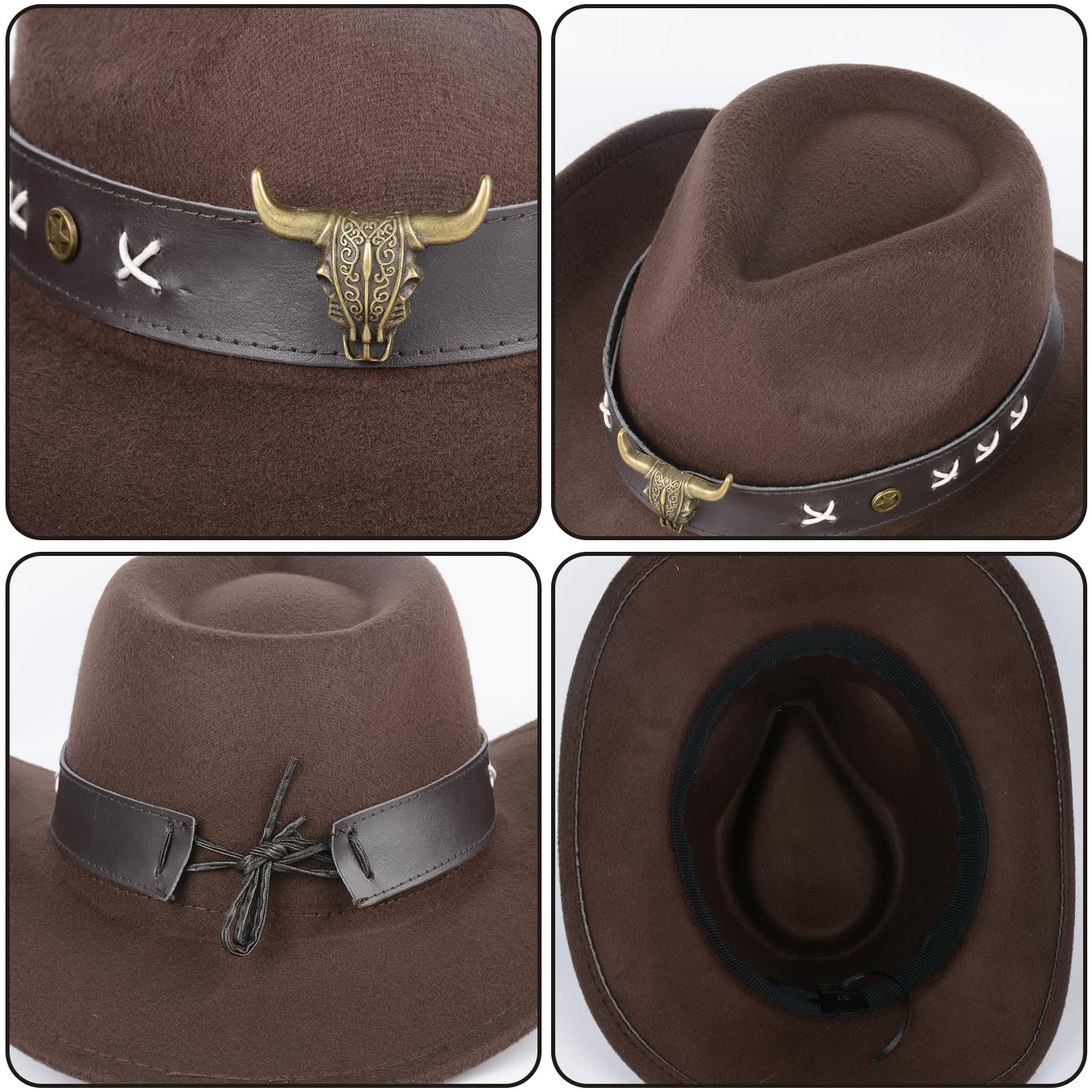 Sombrero de vaquero vintage occidental con banda de cuero para la cabeza de toro, fieltro de lana, ala ancha, elegante sombrero de vaquero para hombres y mujeres, elegante, transpirable, protección