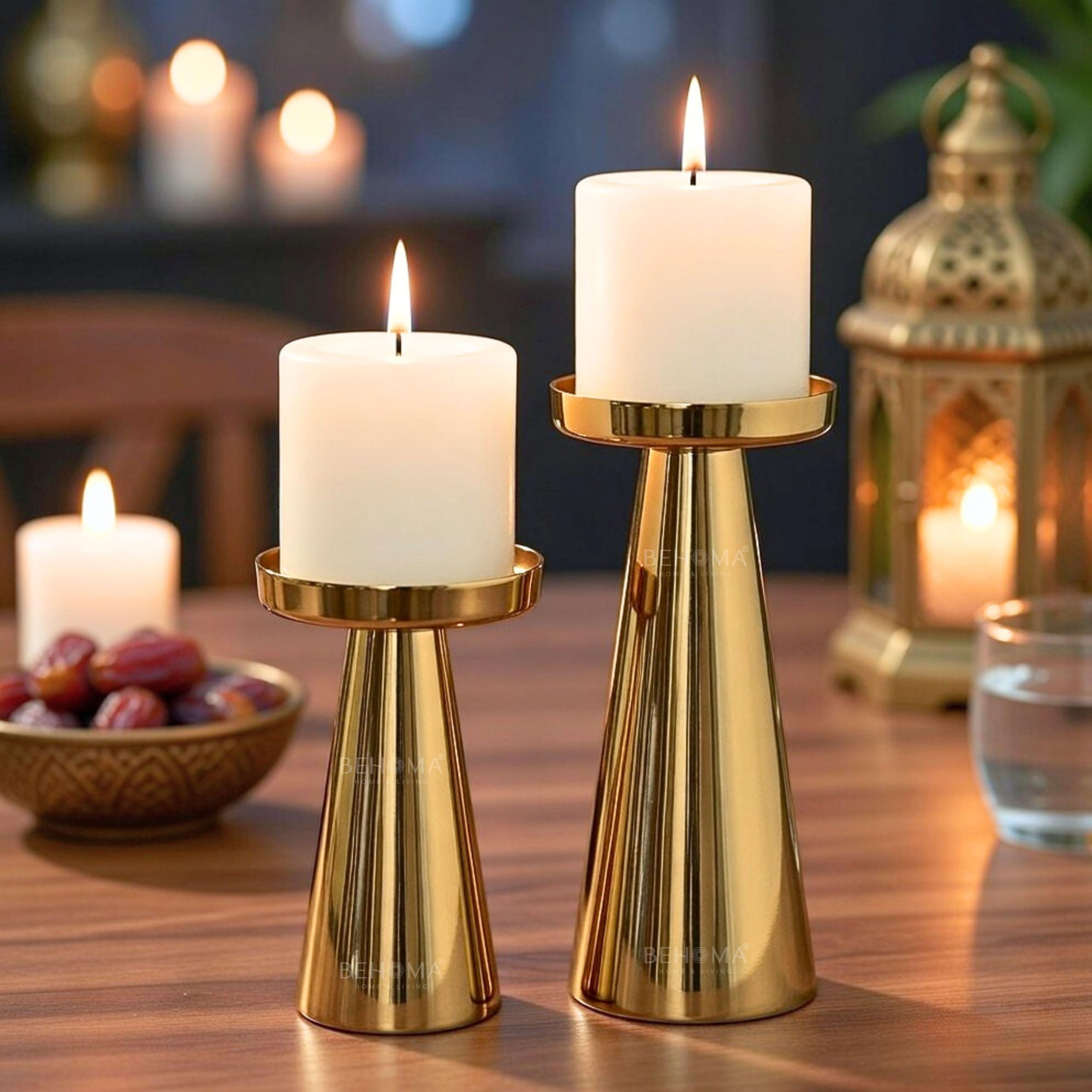 Behoma Handcrafted Solid Large Metal Pillar Candle Holders | Table Centerpieces Coffee Tables | Candles Stand for Christmas Home Decor Gift | Wedding Gift | Golden, Set of 2 (Candles are not Included)