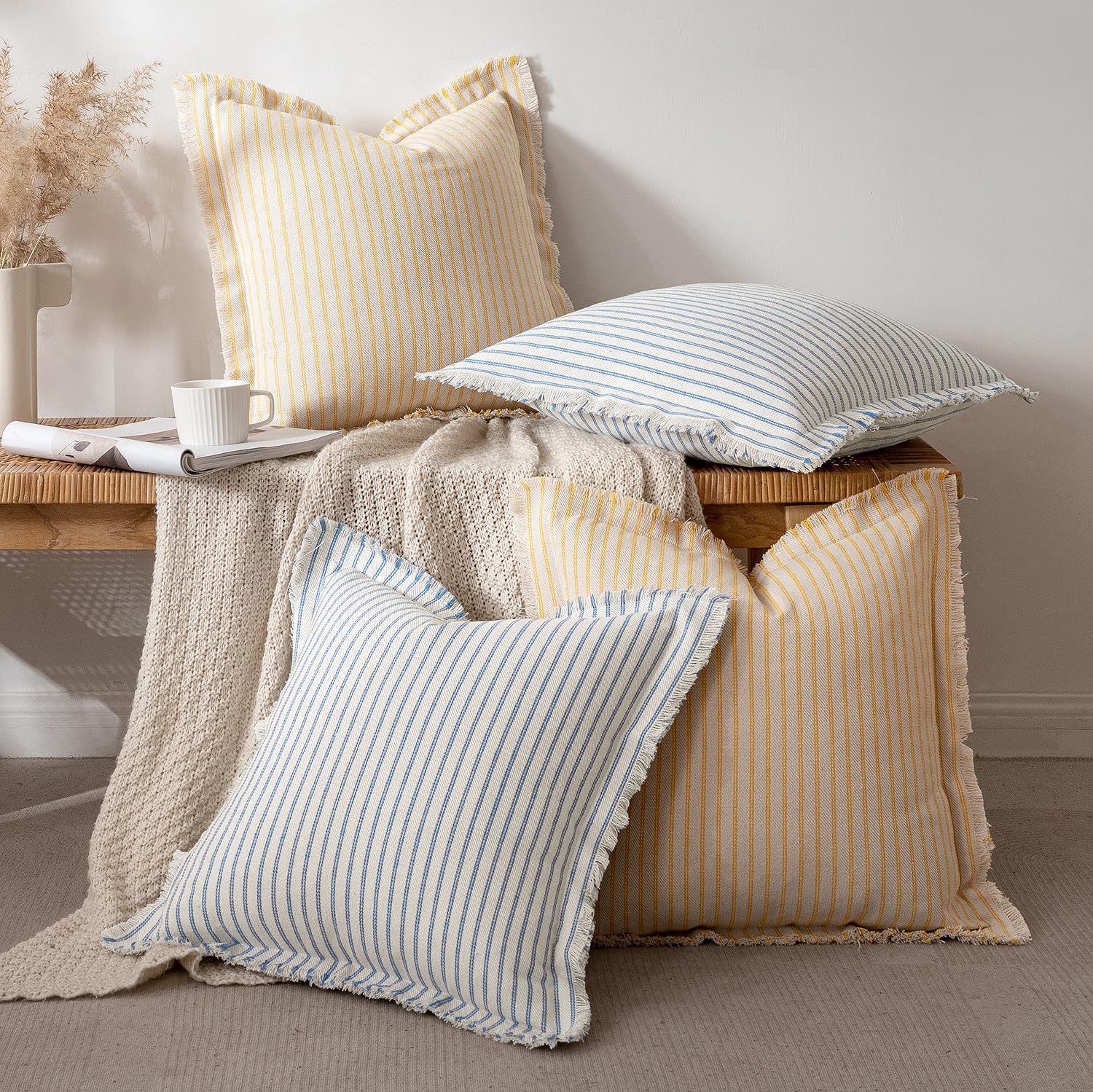 MIULEE Pack of 2 Light Blue Pillow Covers 18x18 Inch Striped Farmhouse Couch Spring Spring Throw Pillow Covers with Fringe Chic Cotton Decorative Cushion Covers for Sofa Living Room Bed Home Decor - Image 5