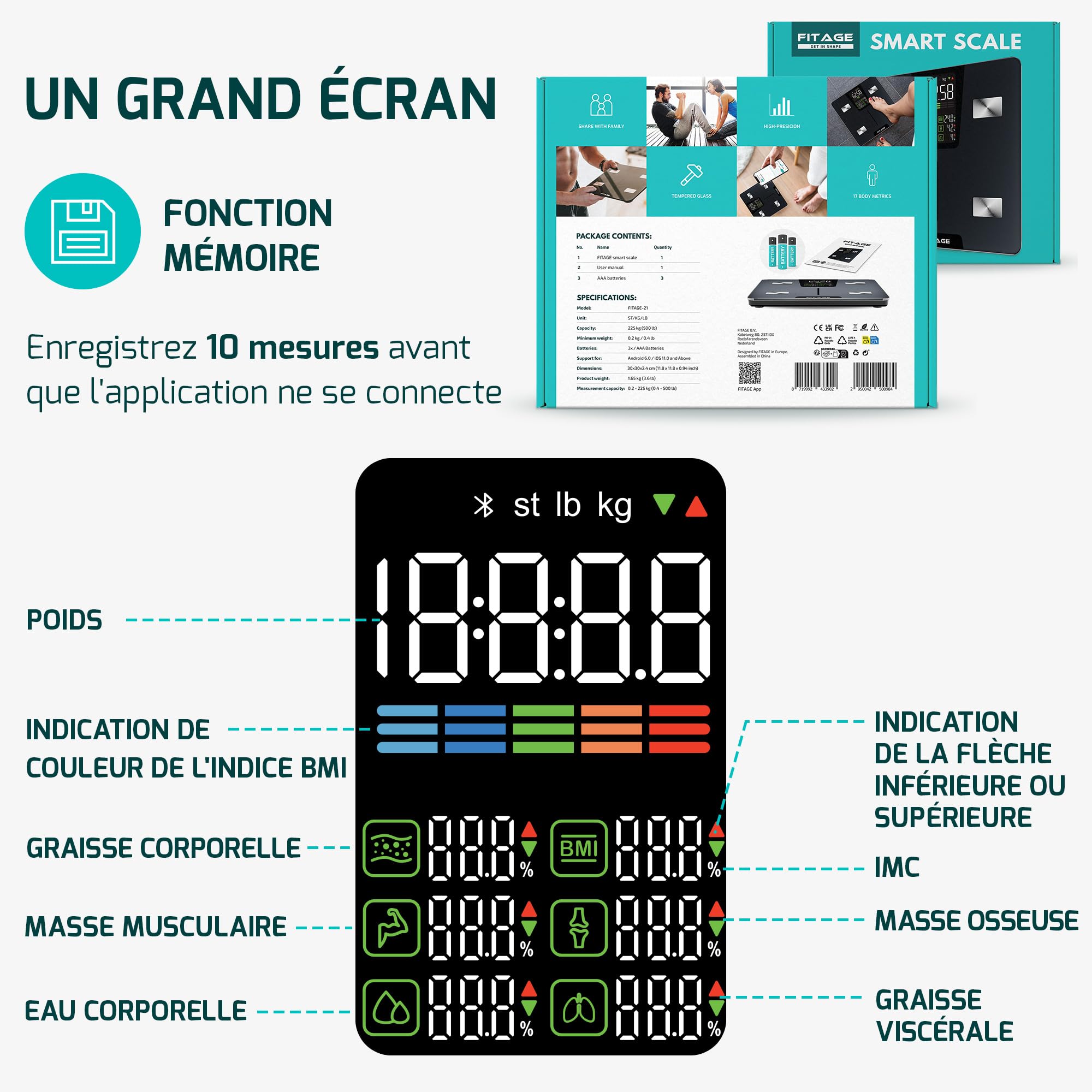 Balance Pese Personne Numérique, Balance Connectée, Pèse Personne fiable et précis, Graisse, Masse musculaire, IMC, poids, protéines, BMR et plus Balance Impédancemètre avec grand écran LED - Noir