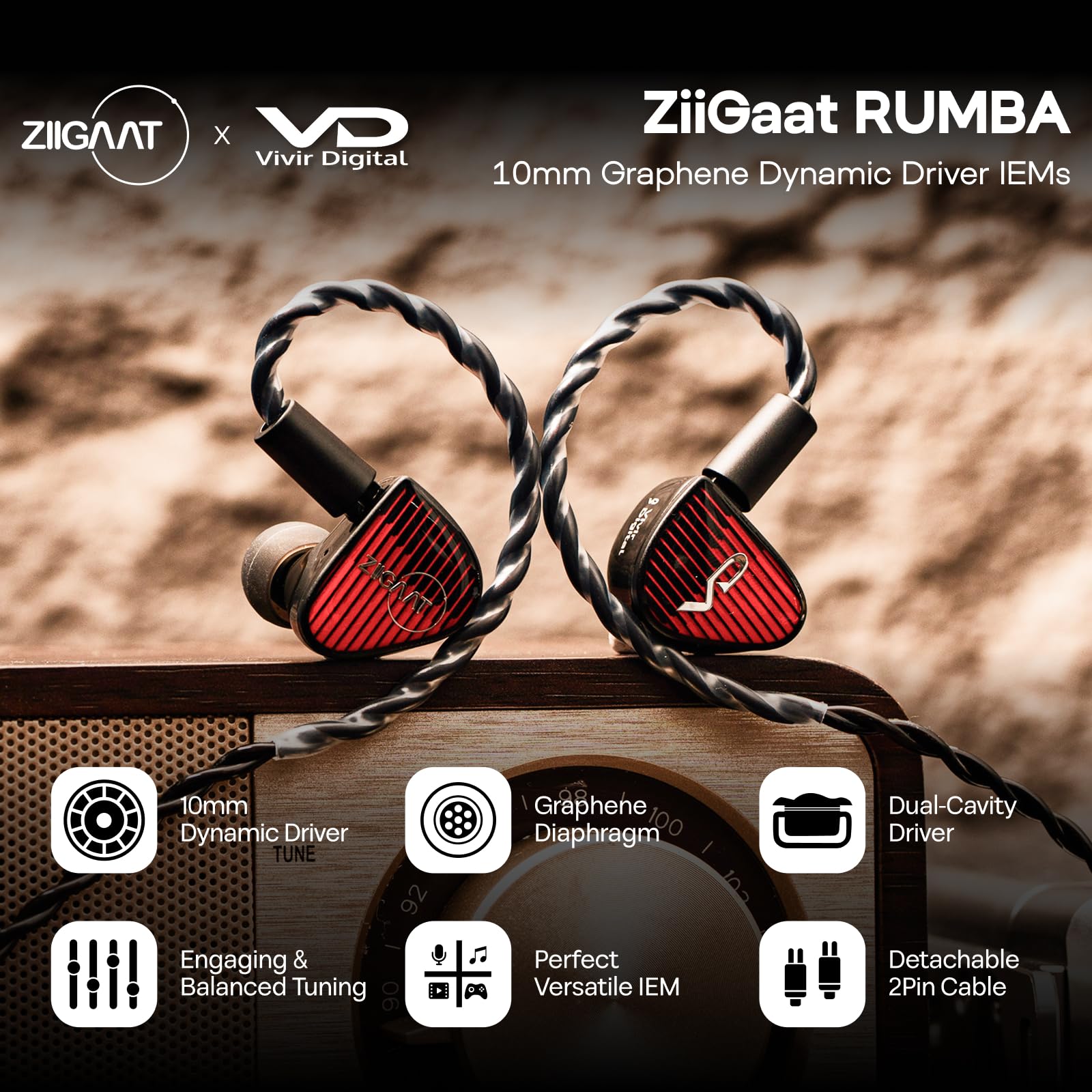 Linsoul ZiiGaat x Vivir Digital Rumba – IEM Driver Grafeno 10mm, Auriculares HiFi con Subgraves, Cable Extraíble 2 Pines para Audiófilos, Gaming y Música (3,5mm Sin Mic)