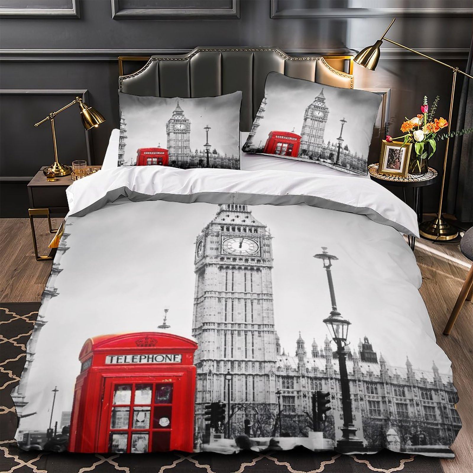 London Landmark Quilt Cover 3D Design Printed Luxurious 3 Pcs Bedding Set Zipper historic Architecture Duvet Cover Super Soft Anti-allergic for Kids Adults Women Teens Youth Single（135x200cm）