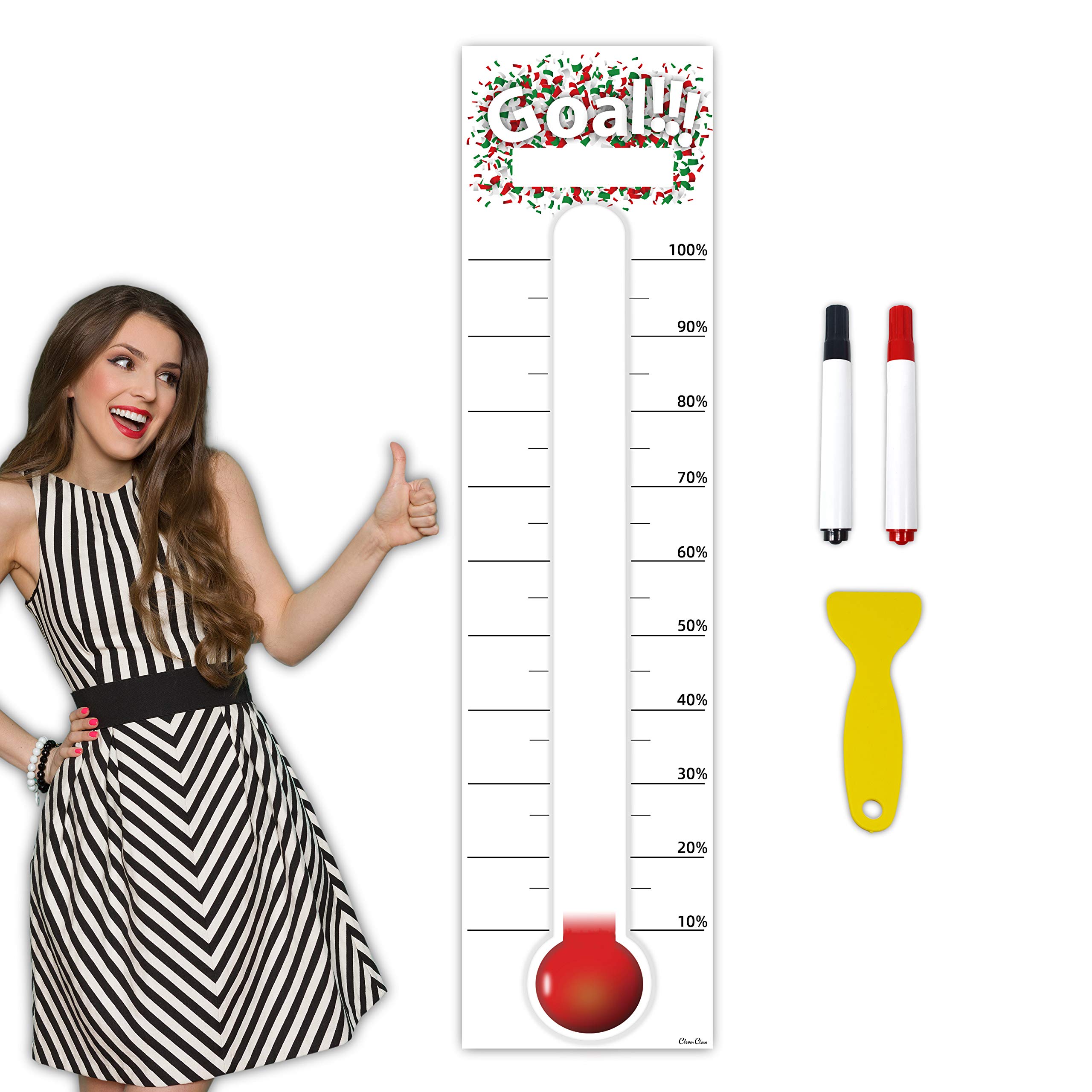 Clever Clean Goal Setting Fundrasing Thermometer - 48"x12" Dry Erase Self-Adhesive Goal Tracker - Poster Charts for Home, School and Office