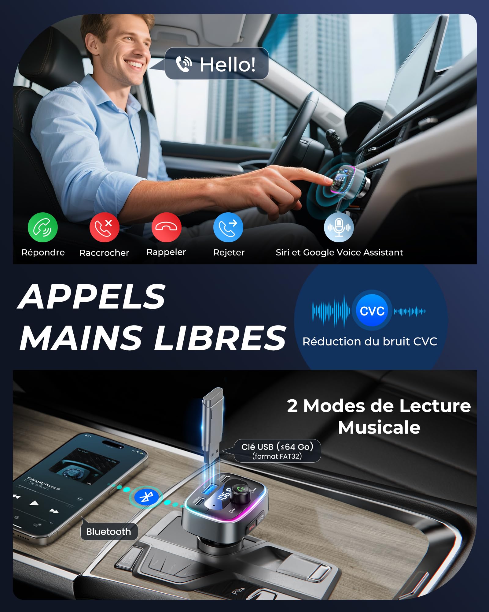 LENCENT Transmetteur FM Bluetooth Voiture, Allume Cigare Bluetooth 5,4 Charge Rapide 60W PD 30W 2 USB C Adaptateur Radio Lecteur de Musique Main Libre Appel/Basse Hi-FI/LED 7 Couleurs/Support Clé USB