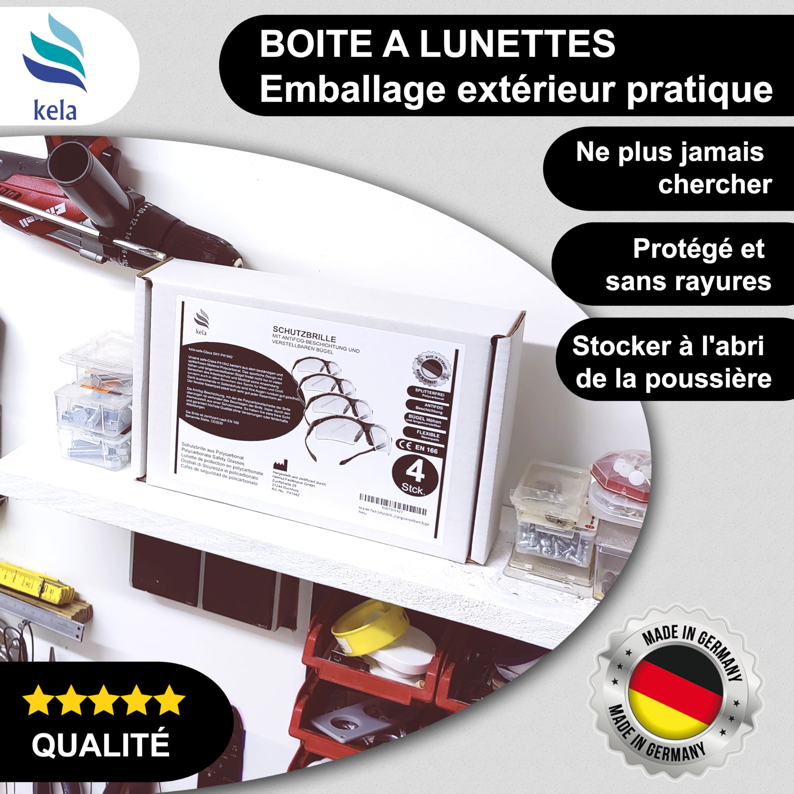 kela 12x Lunettes de protection SKY I Fabriqué en Allemagne | Lunettes de sécurité sans éclats avec revêtement anti-buée I branches de lunettes réglables | légères et transparentes lunettes de sport