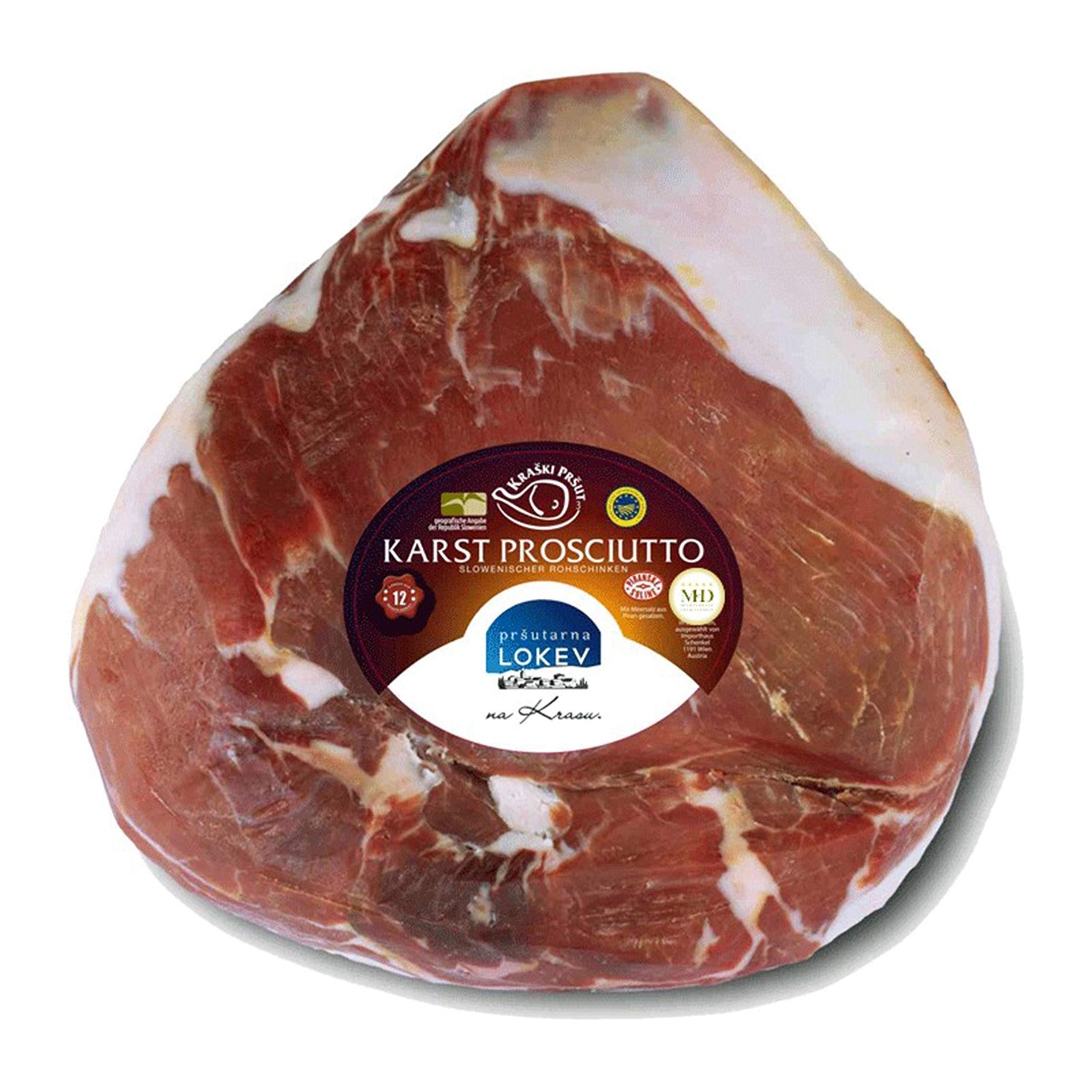 Delikatess Luftgetrockneter Karst Prosciutto - Kraški Pršut ca. 3,5 kg ohne Schwarte 12 Monate gereift mit Meersalz aus der Saline von Piran, Istrien (Einweg)