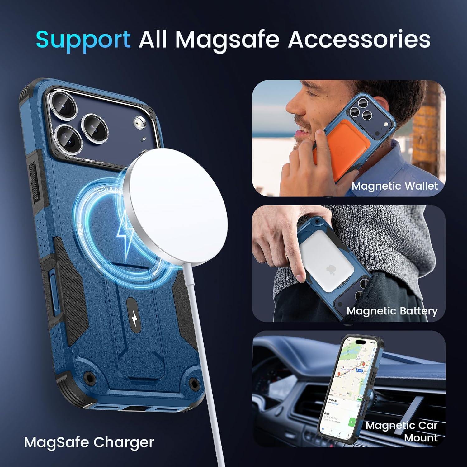 3 in 1 for iPhone 17 Pro Case [Compatible with MagSafe] [Invisible Kickstand] [HD Screen Protector] [Camera Lens Protector], Protective Magnetic Phone Cover for iPhone 17 Pro (Blue) - Image 5