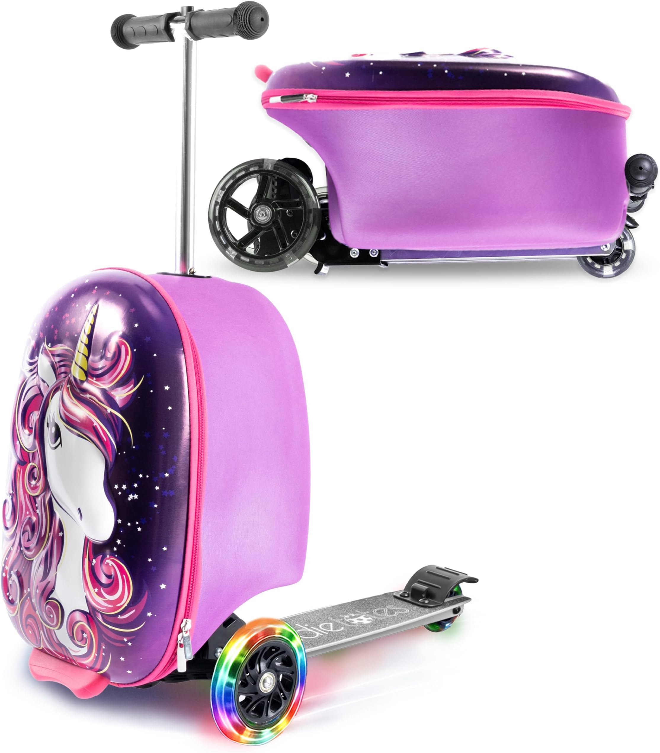 KIDDIETOTES Kiddie Totes 19” Hardshell Carry-on Scooter Suitcase - Light Up LED Wheels - Unicorn