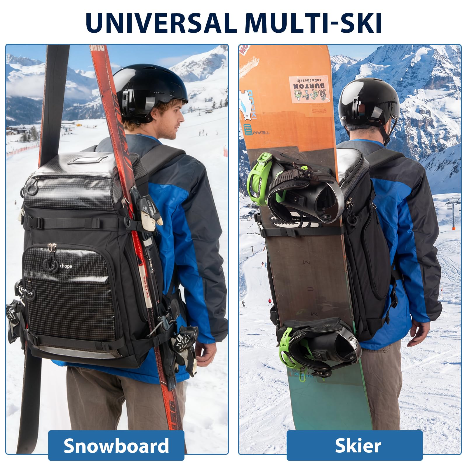Hp hope Skischuhtasche mit Helmfach Skisack Skirucksack mit Helmtasche Skitasche Schlittschuhtasche für Skihelm Skistiefel Schlittschuhe Snowboard Rucksack Wandern Camping Beigsteigen 70L