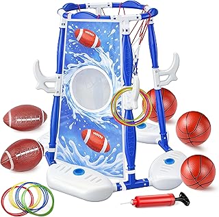 Pool Basketball Hoop, 3-in-1 Floating Basketball Hoop & Football Ring Games with 5 Balls 12 Rings and Pump, Outdoor Family Party Water Swimming Pool Basketball Toys for Kids Ages 4-8 8-12