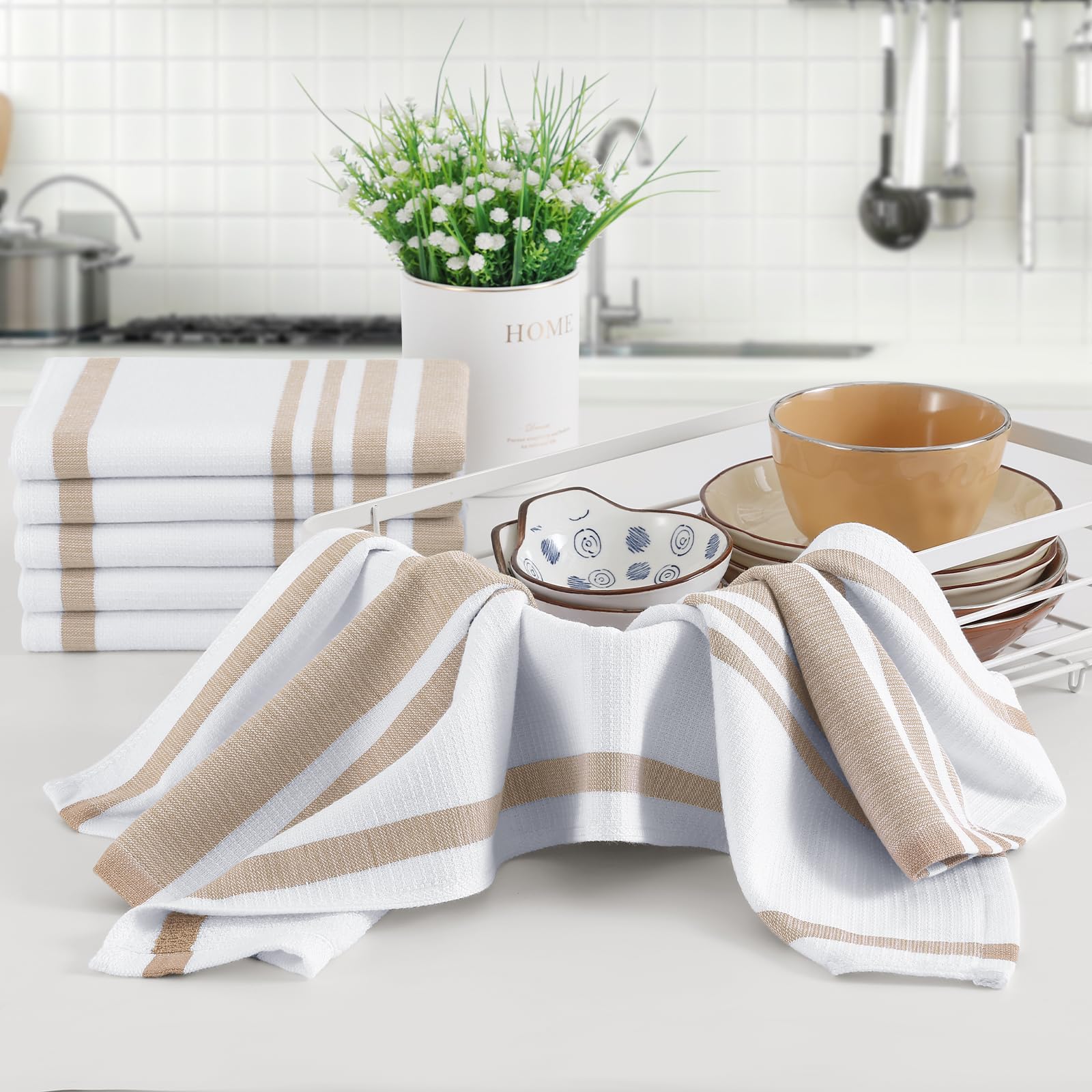 Homaxy Lot de 8 grands torchons de cuisine de qualité supérieure 45,7 x 71,1 cm, en coton de 380 g/m², torchons de cuisine à rayures et en éponge, très absorbants, avec boucle de suspension, kaki