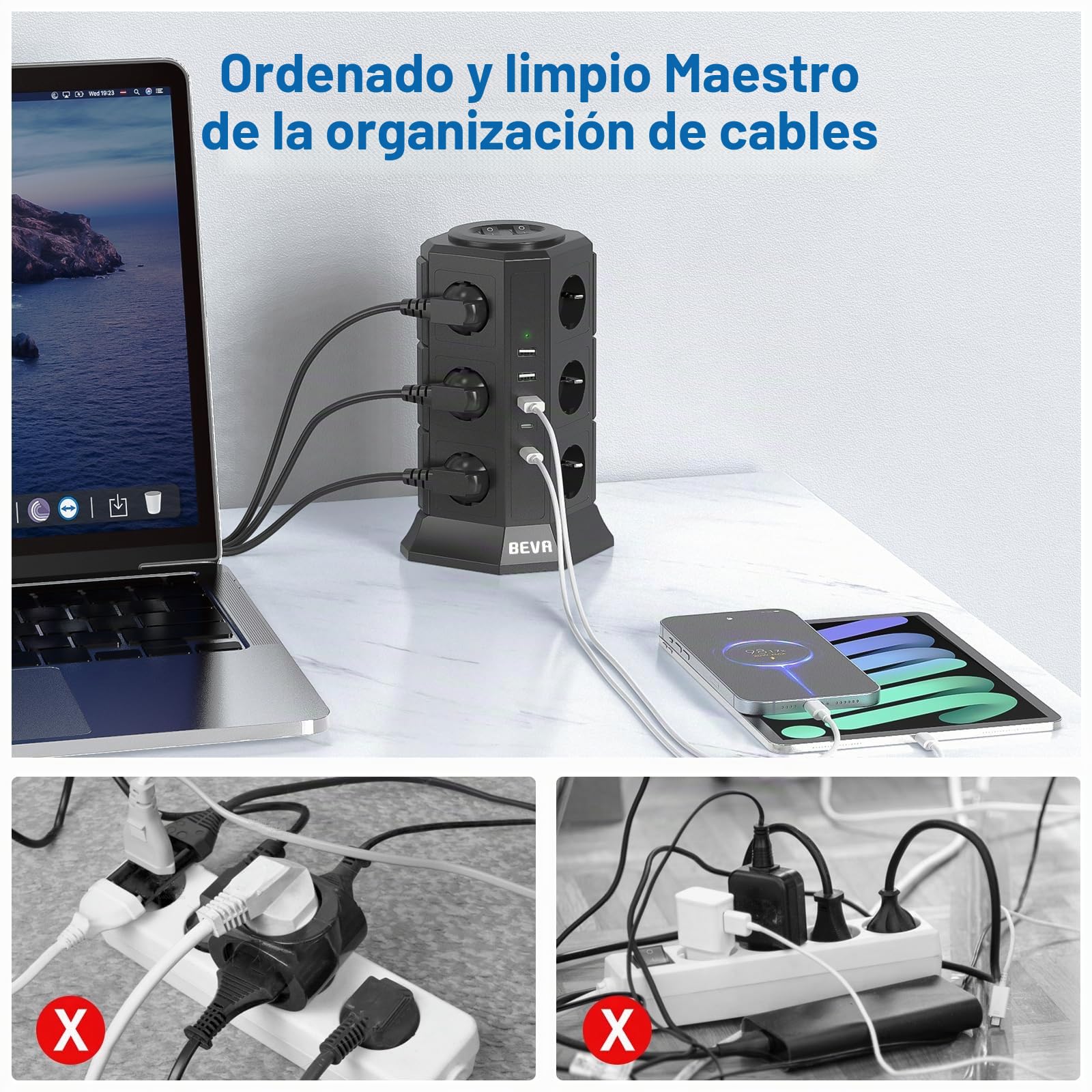 BEVA Regleta Enchufes Vertical de 12 Tomas Corrientes y 5 Rápida USB Tomas, Ladron Enchufe de Corriente con Protección contra Sobrecargas y Interruptores, Cable de 2M, 2500W/10A Black | 2500 W/10 A, 2 USB-C (15 W), 3 USB-A, con interruptor, para oficina y