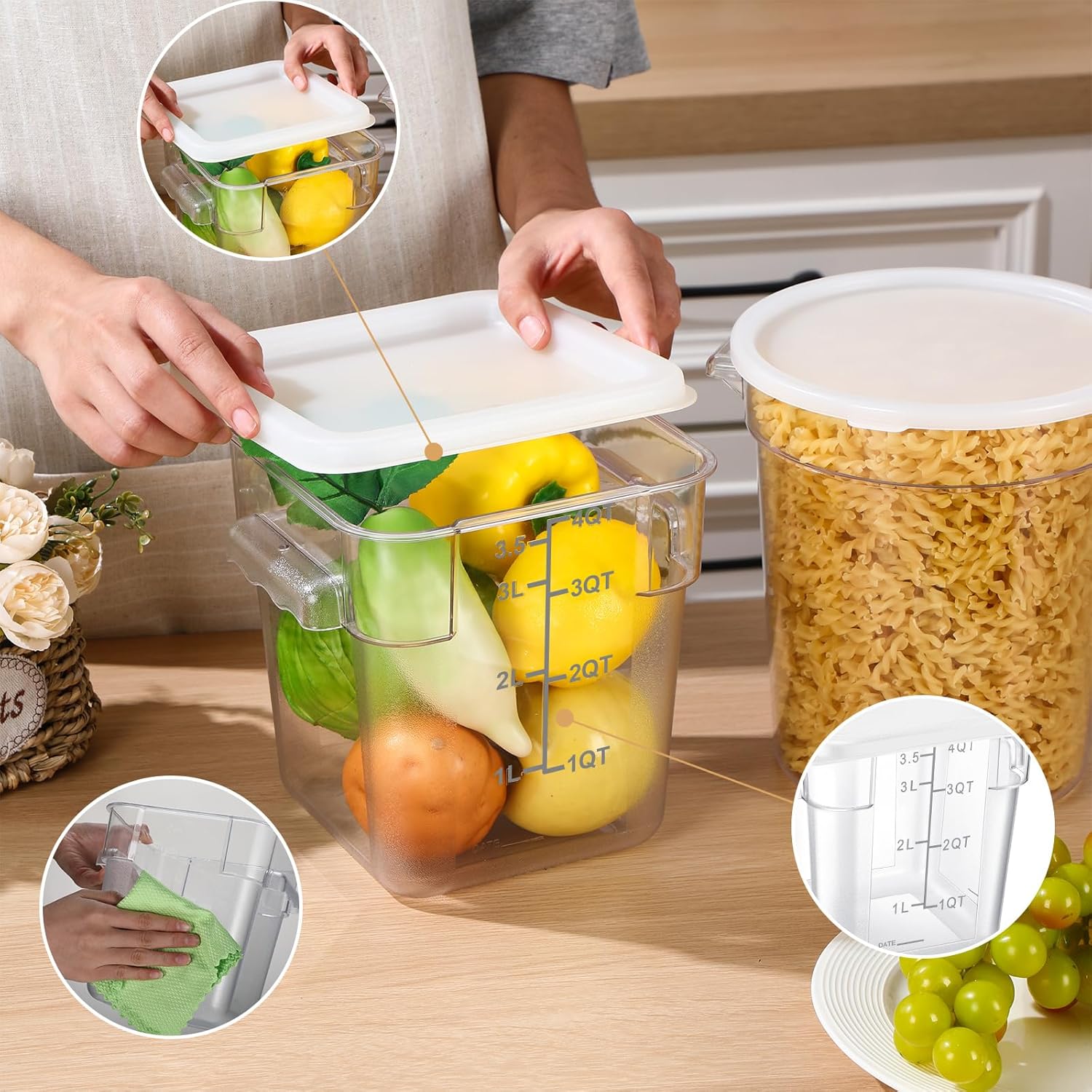 4 Pcs Food Storage Container with Lids Set 4 Qt Square and Round Clear PC Commercial Containers with Scale Handle for Home Restaurant Kitchen Food Storage, Dough Rise, Flour(White)