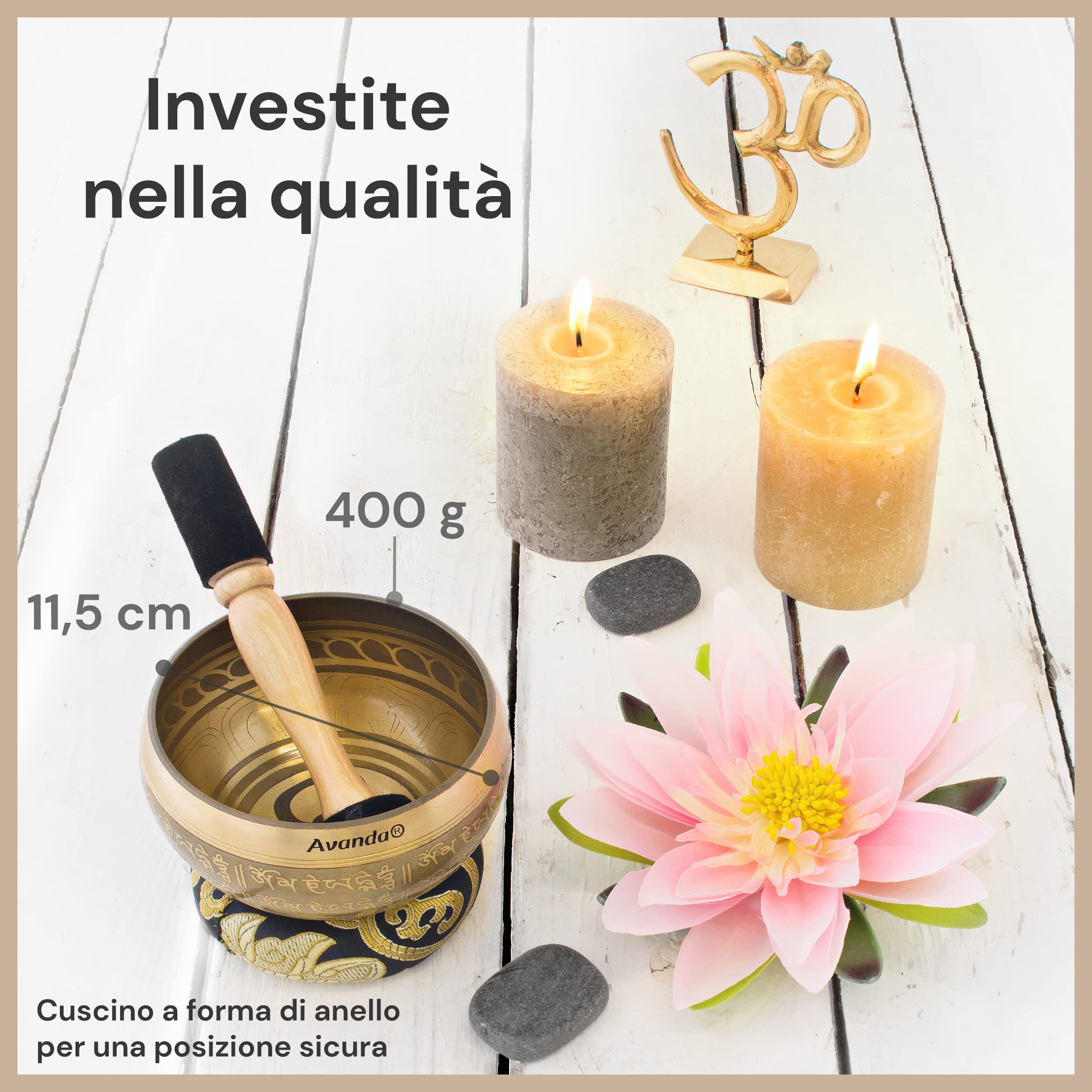 Set Campane Tibetane Om per Yoga, Meditazione e Relax - Campana Tibetana Dipinta a Mano Ø 10 cm, Doppio Battitore con Feltro e Pelle, Cuscino per Anelli, Borsa e Istruzioni