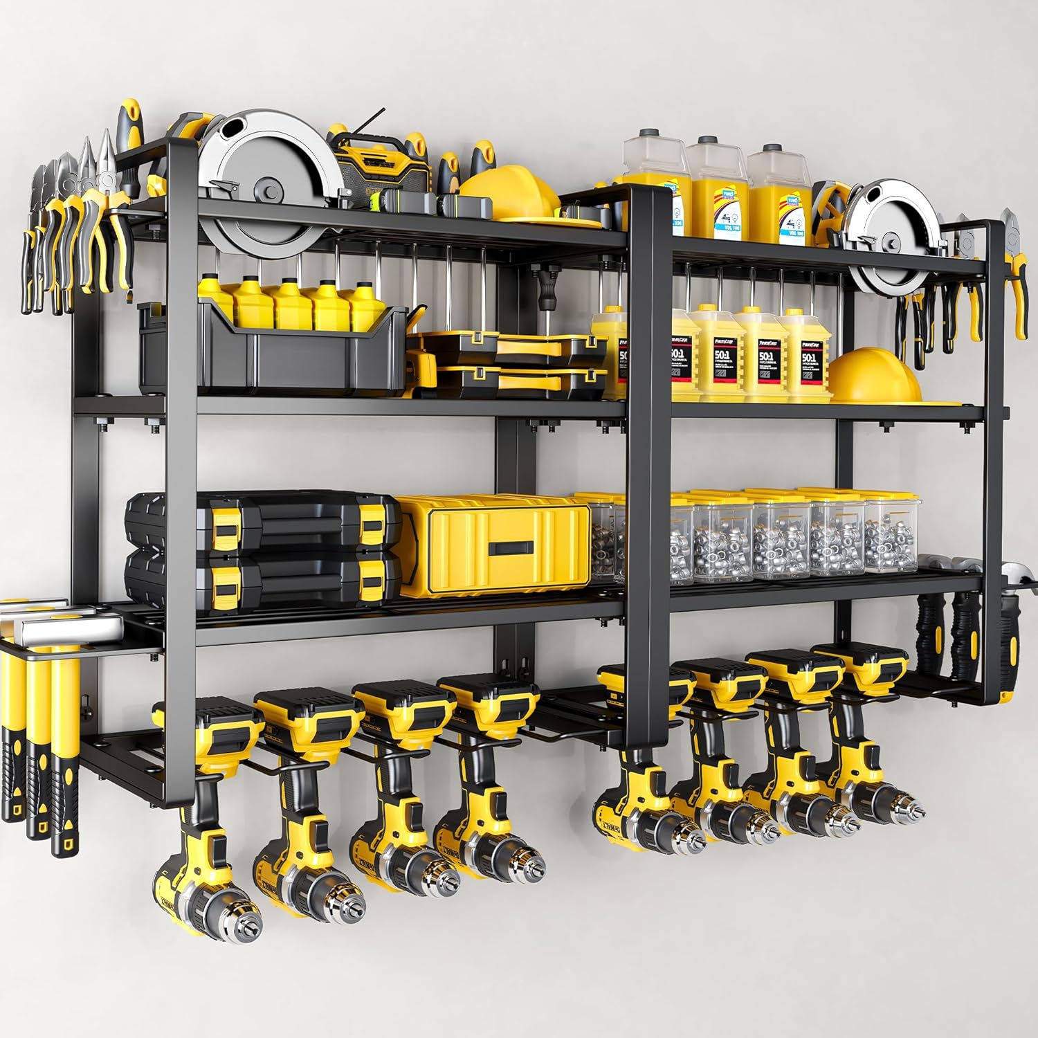 Power Tool Organizer Wall Mount - 300Lbs Load 3 Layers Storage Rack with 7 Drill Holders for Drills Cordless Tools. Heavy Duty Iron Garage Tool Organizer Storage for Workshop Shed Pegboard Basement
