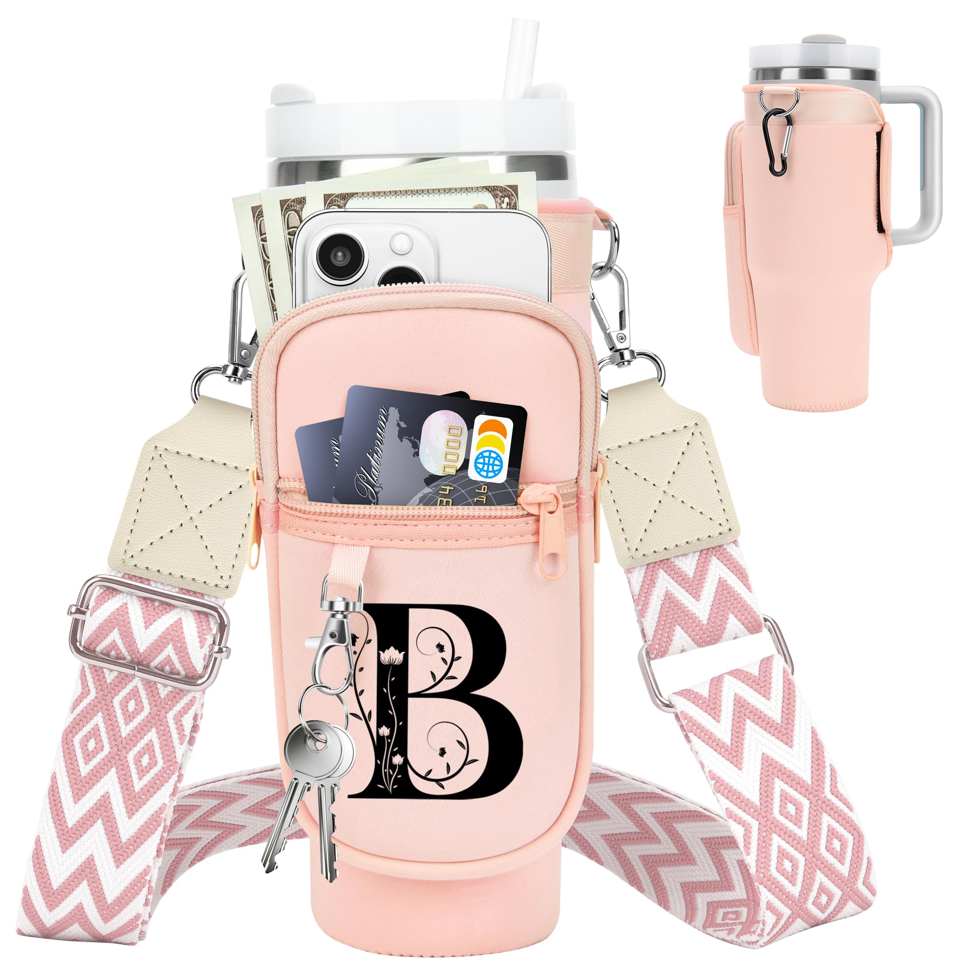 Initial Water Bottle Holder with Strap for Stanley Cup 40 oz Tumbler