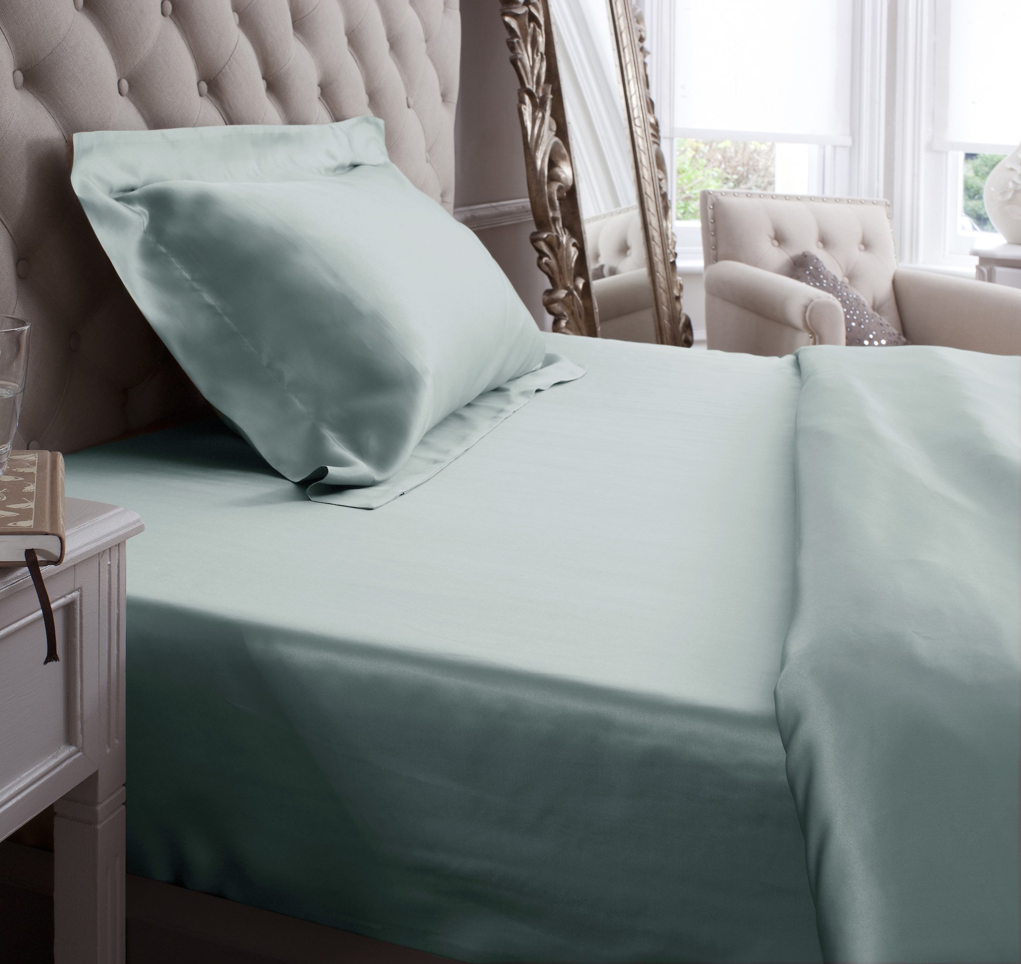 Jasmine Silk Ivory 100% Mulberry 19Mm Charmeuse Silk Fitted Sheet (Duck Egg) (Super King 180Cm X 200Cm + 30 Cm)