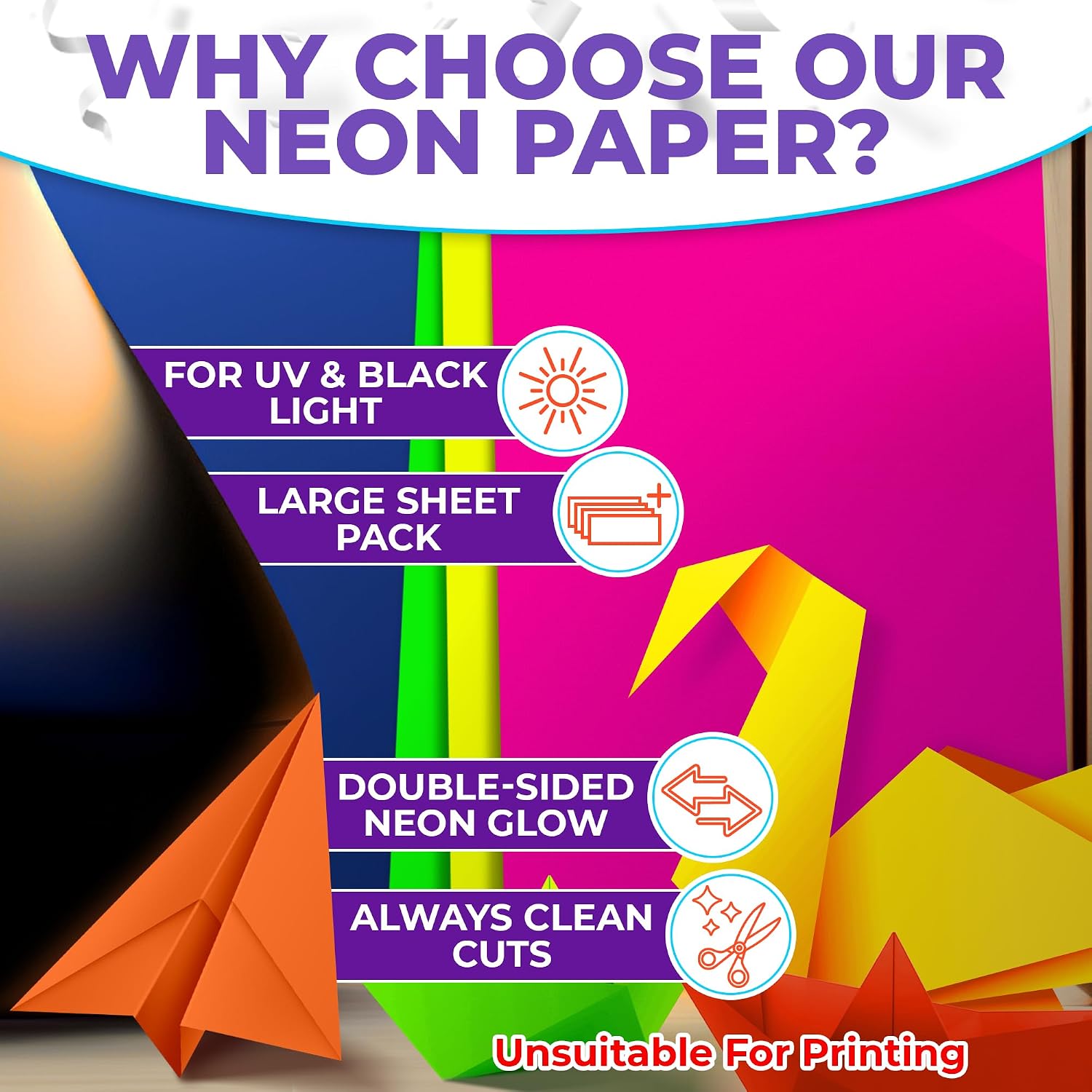 25 Pcs UV & Black Light Glowing Neon Cardstock Multicolor Pack - Two-Sided, Not Suitable for Printers, Glow in The Dark Paper Sheet Bulk for Party & DIY - Thick [250 GSM] Neon Paper Set with 5 Colors