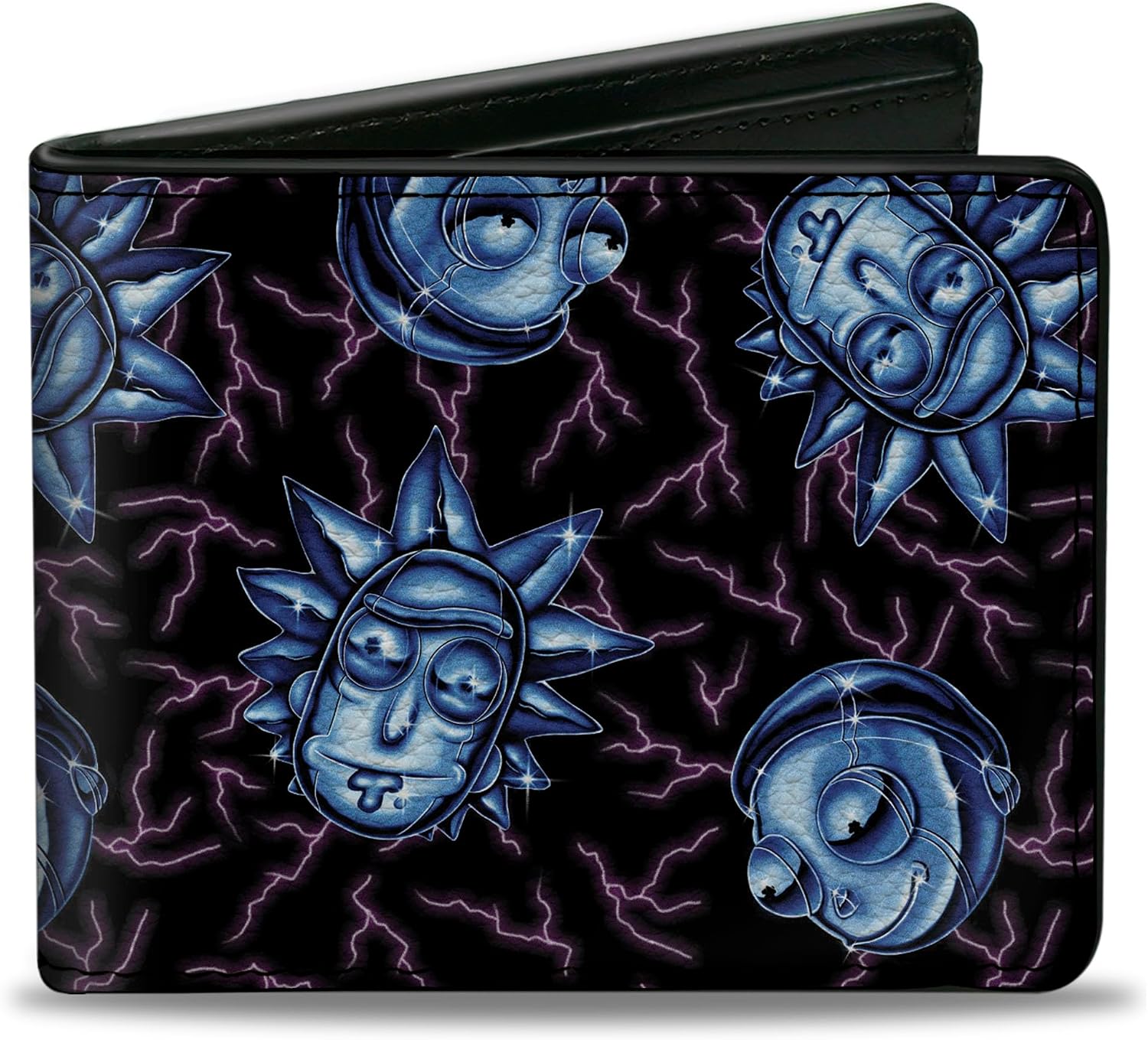 Buckle-Down Rick and Morty Wallet, Bifold, Rick and Morty Electric Faces Scattered Black Blues, Vegan Leather