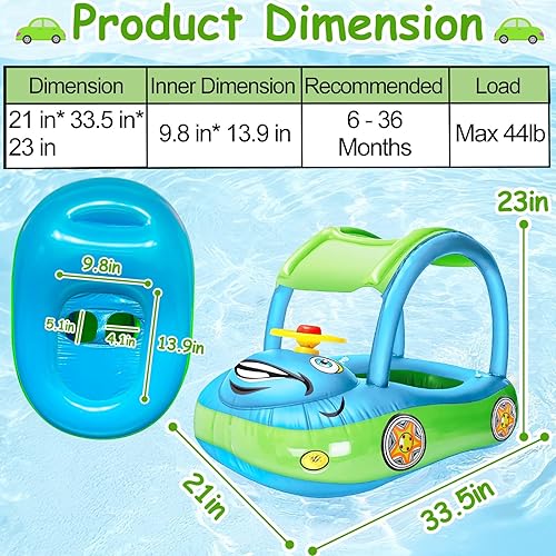 Miniatura 5 de iGeeKid Flotador inflable de piscina para bebé con toldo, asiento de seguridad para bebé, flotadores de natación en forma de automóvil, flotadores