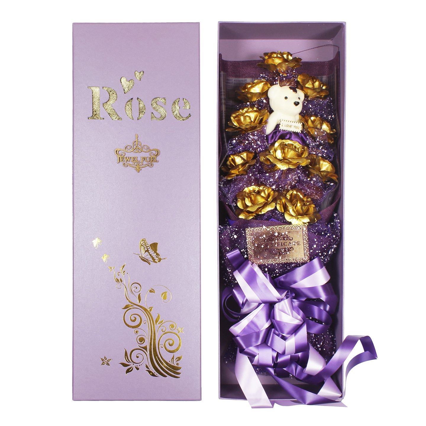 JEWEL FUEL Artificial Roses Bouquet with Teddy and Box (Golden, 10 Roses, 1 Teddy, 1 Gift Box)