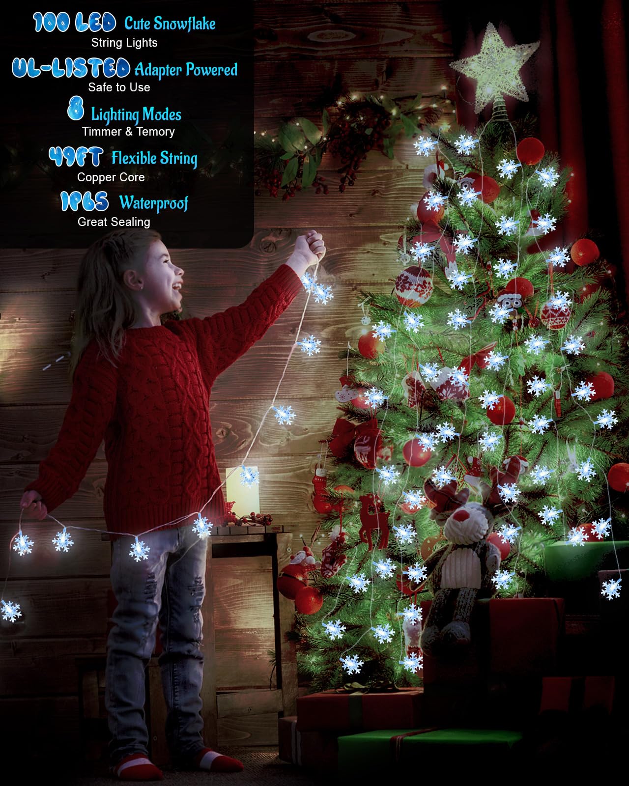 Christmas Snowflake String Lights Outdoor, 100 LED 49FT Icicle Lights Waterproof with 8 Modes Timer Xmas Decorations, Plug in Fairy Lights for Curtain, Eaves, Window, Party, Tree, Garden, Yard- White