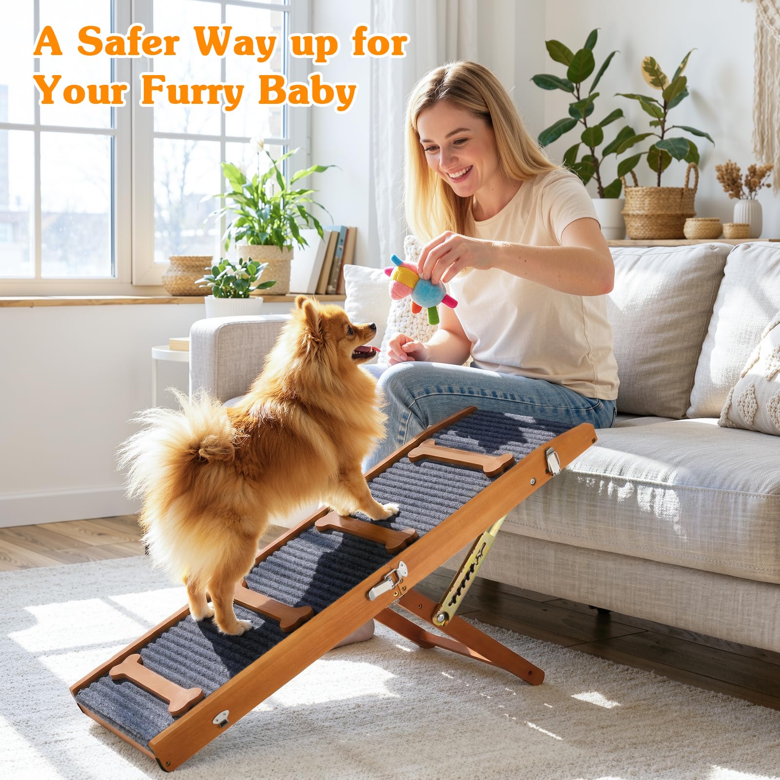 VavoPaw Rampa Mejorada para Perro, Rampa Plegable para Perros Pequeños para Camas, 7 Alturas Ajustables de 3,9"-18,9" con Almohadilla Antideslizante, Escaleras para Mascotas de hasta 33 LBS, Nuez