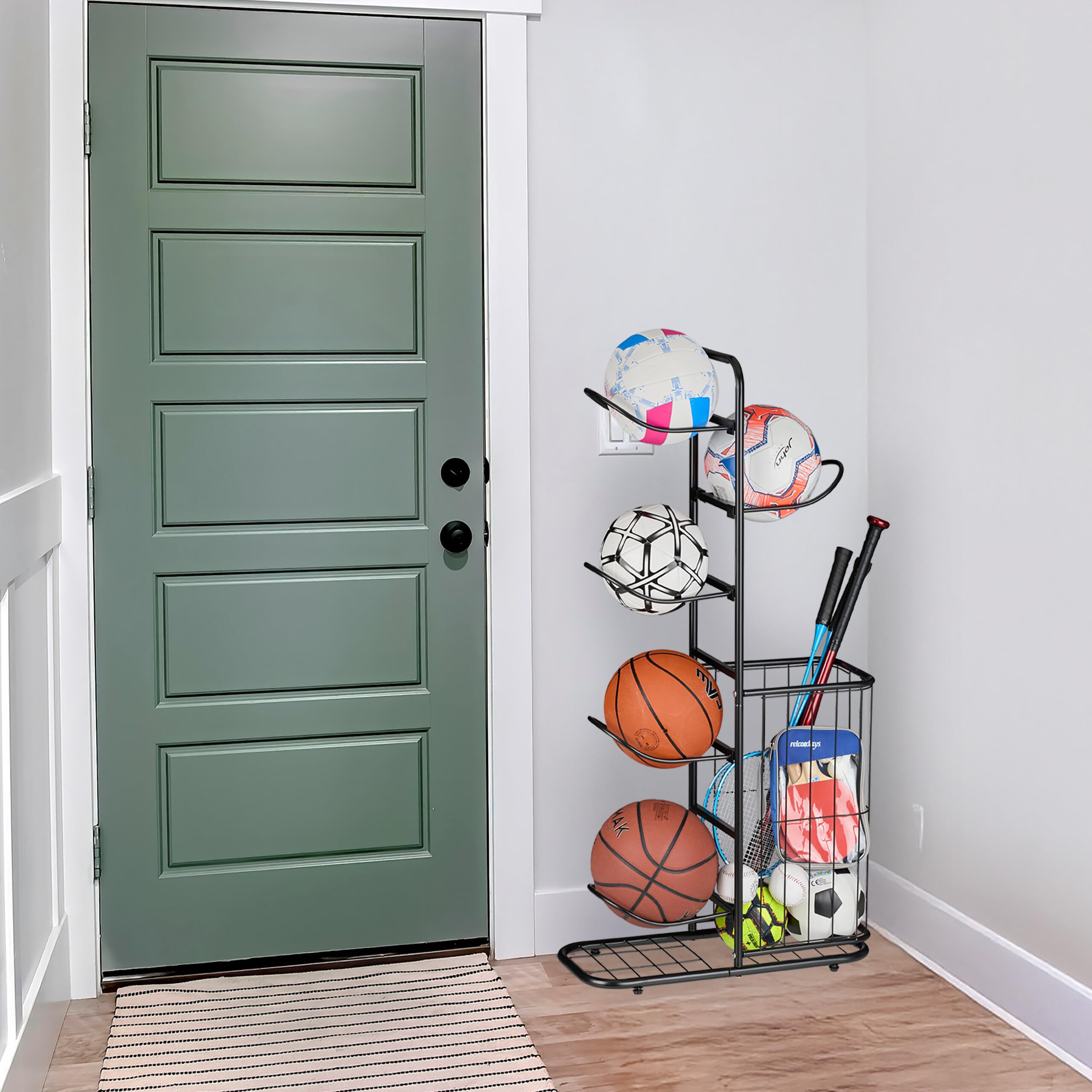 Relaxdays Scaffale per Attrezzatura Sportiva in Acciaio, Ceste per Palloni da Basket, Calcio, Pallavolo, Racchette, Nero