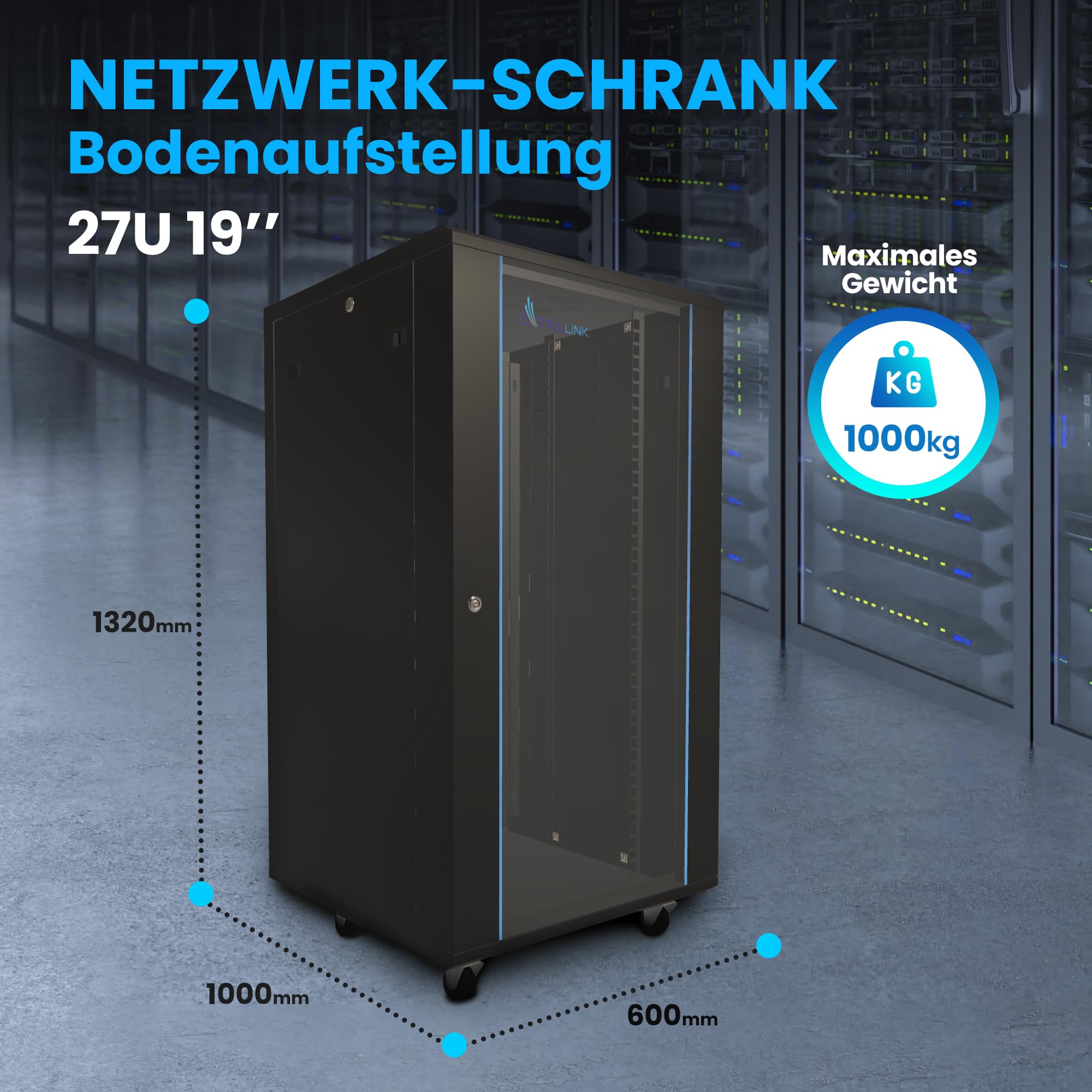 Extralink Baie de Brassage Rack 19 Pouces 27U 600x1000 – Autoportante, Panneaux Latéraux Amovibles, Verre Trempé – à Monter Soi-Même – pour Commutateurs, Onduleurs et Serveurs – Noire